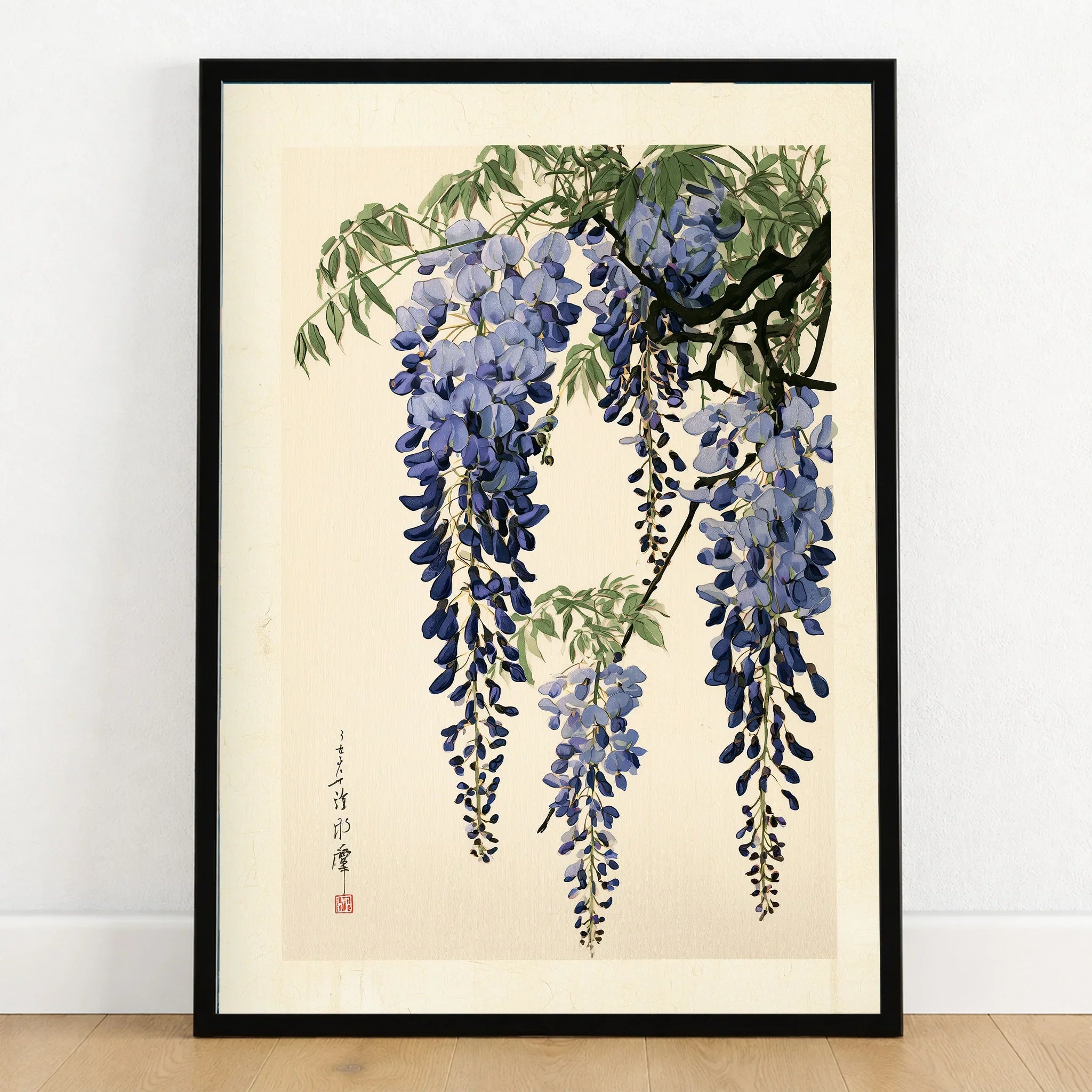 Japanese Wisteria Art Print – Blue Botanical Wall Art — art print in black frame on wooden floor
