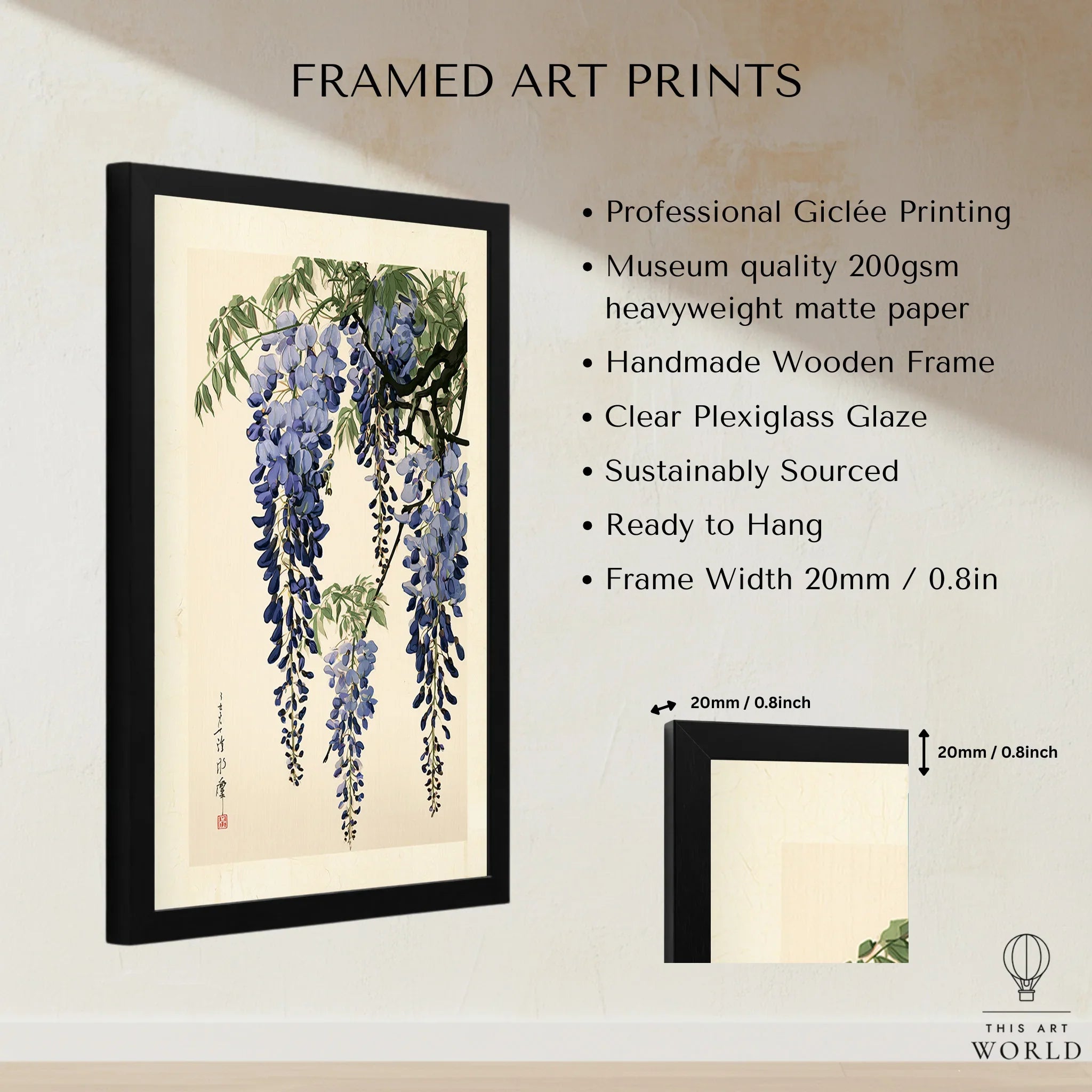 Japanese Wisteria Art Print – Blue Botanical Wall Art — framed print details measurements quality details