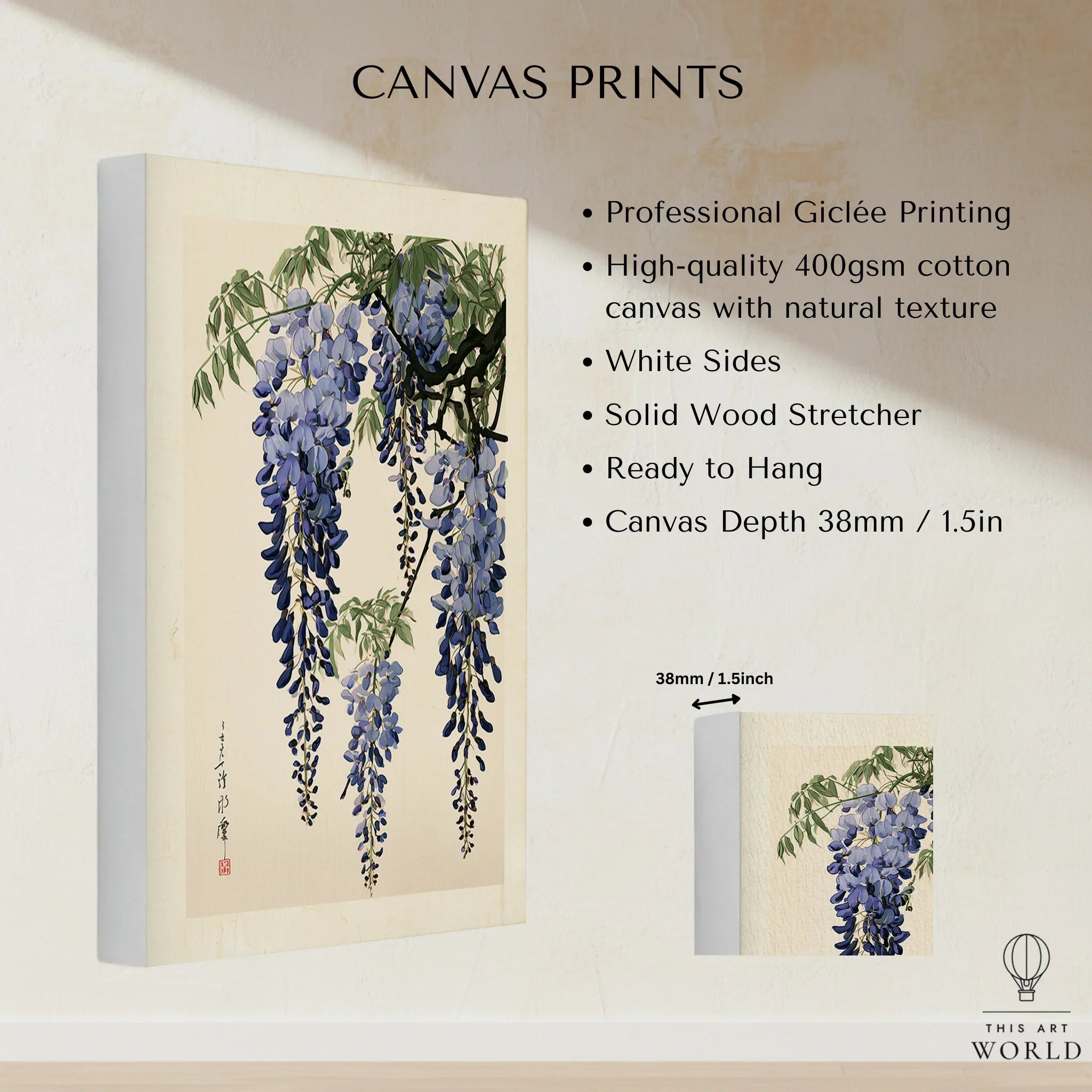 Japanese Wisteria Art Print – Blue Botanical Wall Art — canvas print stretched cotton canvas details