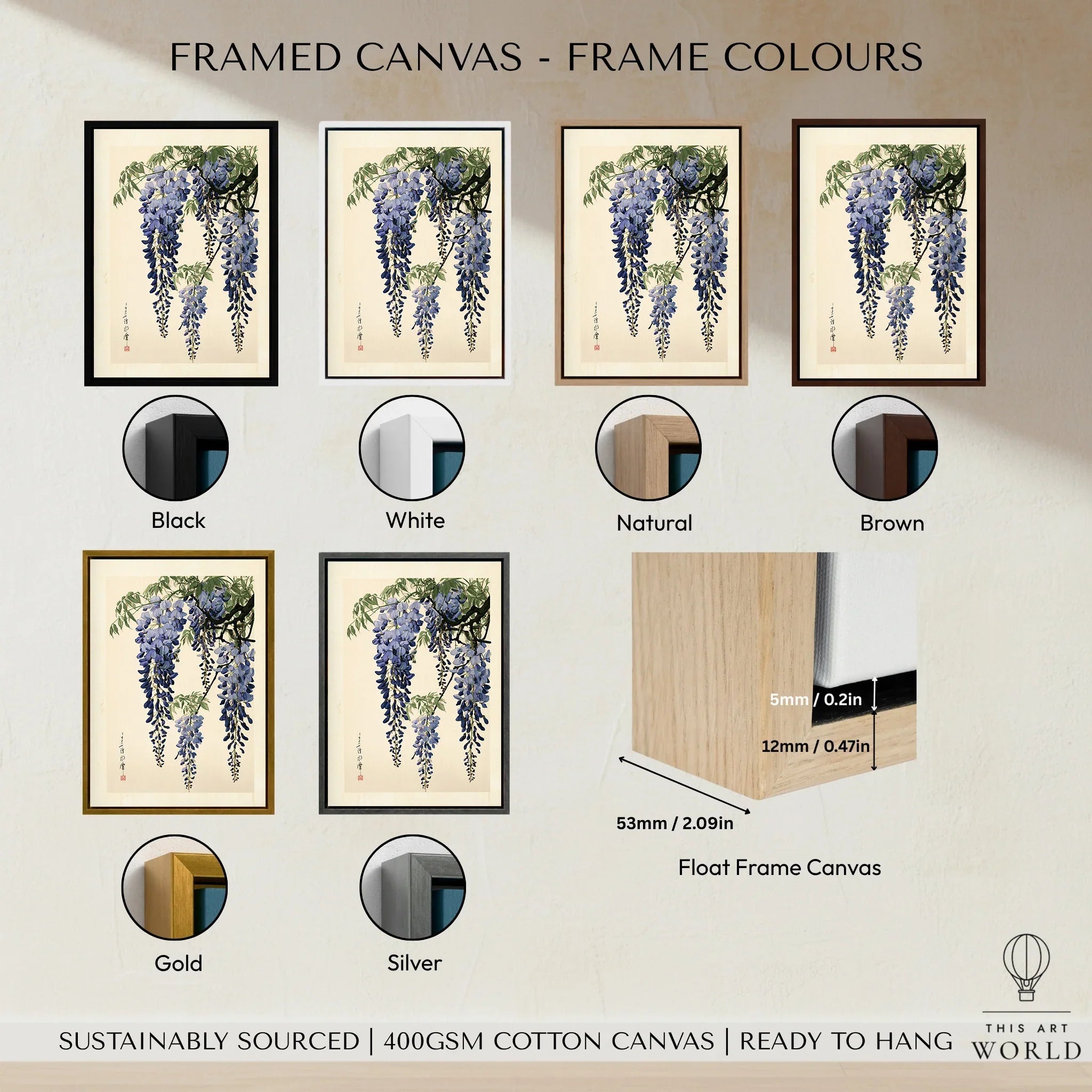 Japanese Wisteria Art Print – Blue Botanical Wall Art — framed canvas float frame colour options