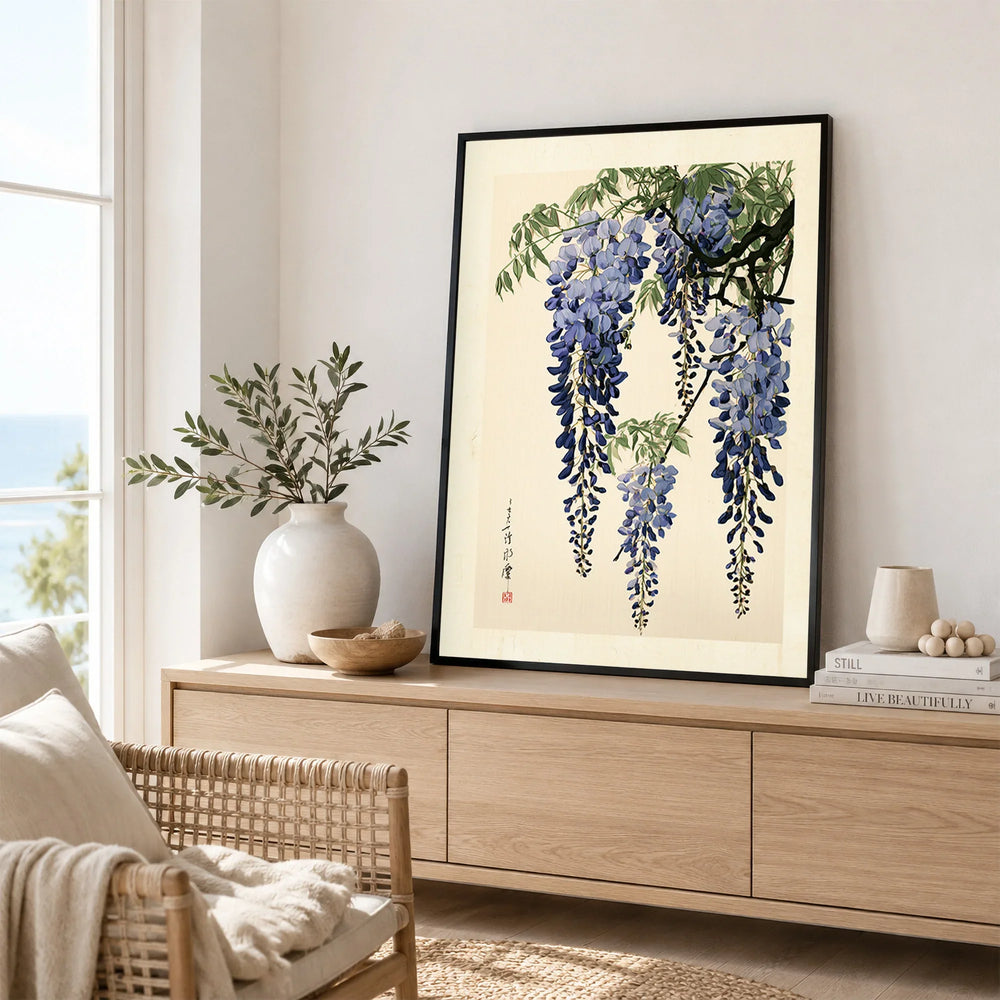 Japanese Wisteria Art Print – Blue Botanical Wall Art — framed artwork living room lifestyle setting
