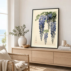 Japanese Wisteria Art Print – Blue Botanical Wall Art — framed artwork living room lifestyle setting