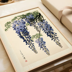 Japanese Wisteria Art Print – Blue Botanical Wall Art — framed art print closeup gift unwrapped natural frame