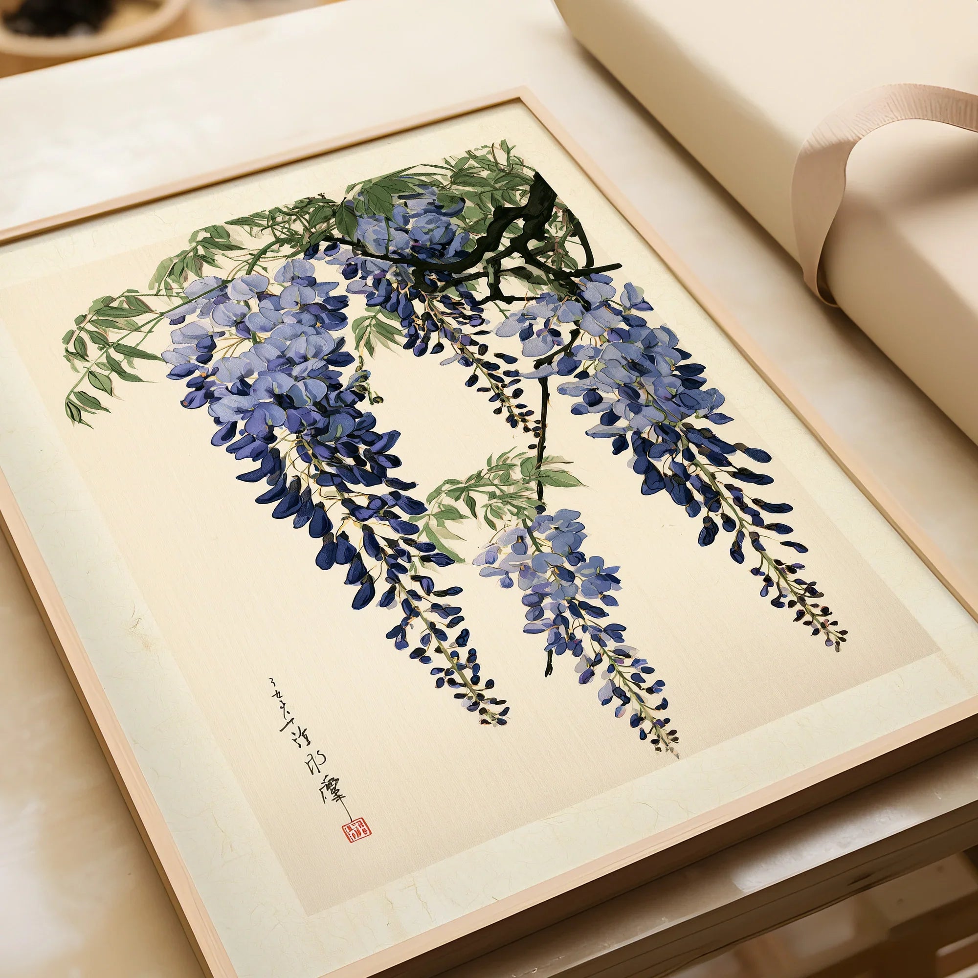 Japanese Wisteria Art Print – Blue Botanical Wall Art — framed art print closeup gift unwrapped natural frame