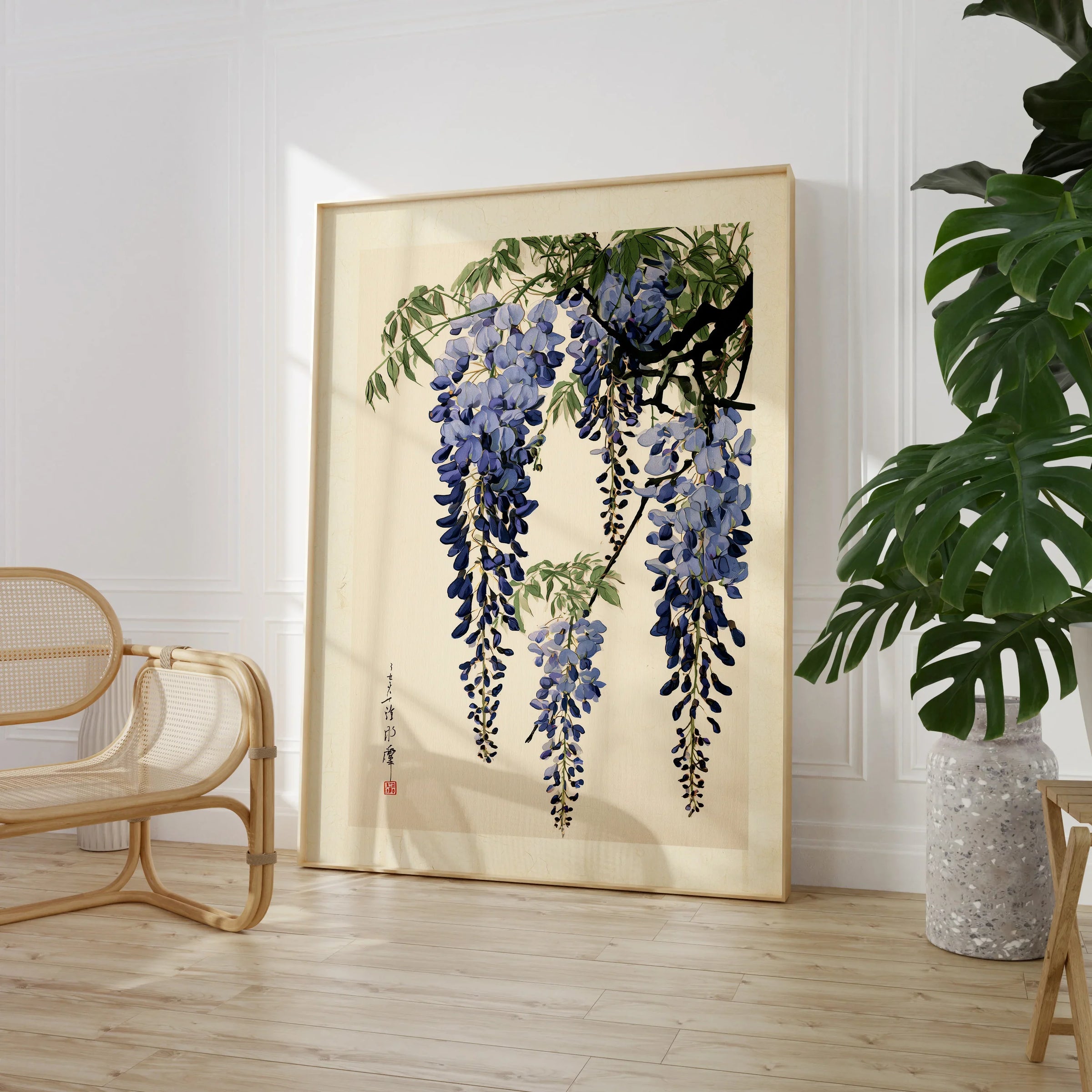Japanese Wisteria Art Print – Blue Botanical Wall Art — large framed print room setting chair plant