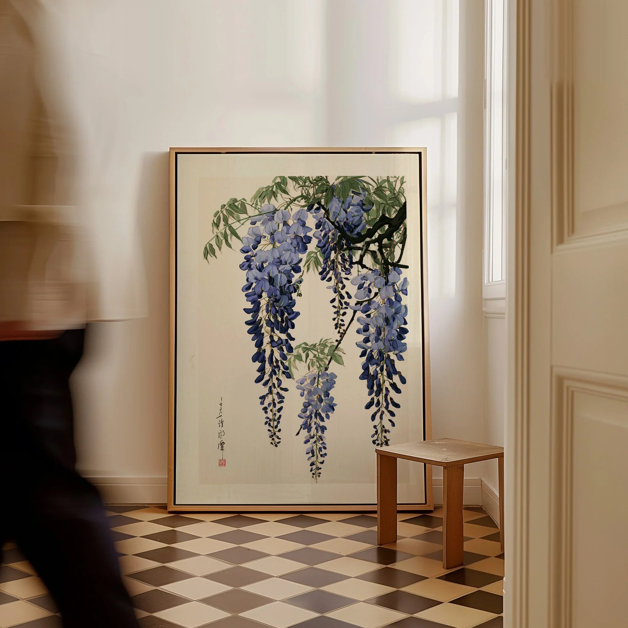 Japanese Wisteria Art Print – Blue Botanical Wall Art — framed canvas on floor man walking past