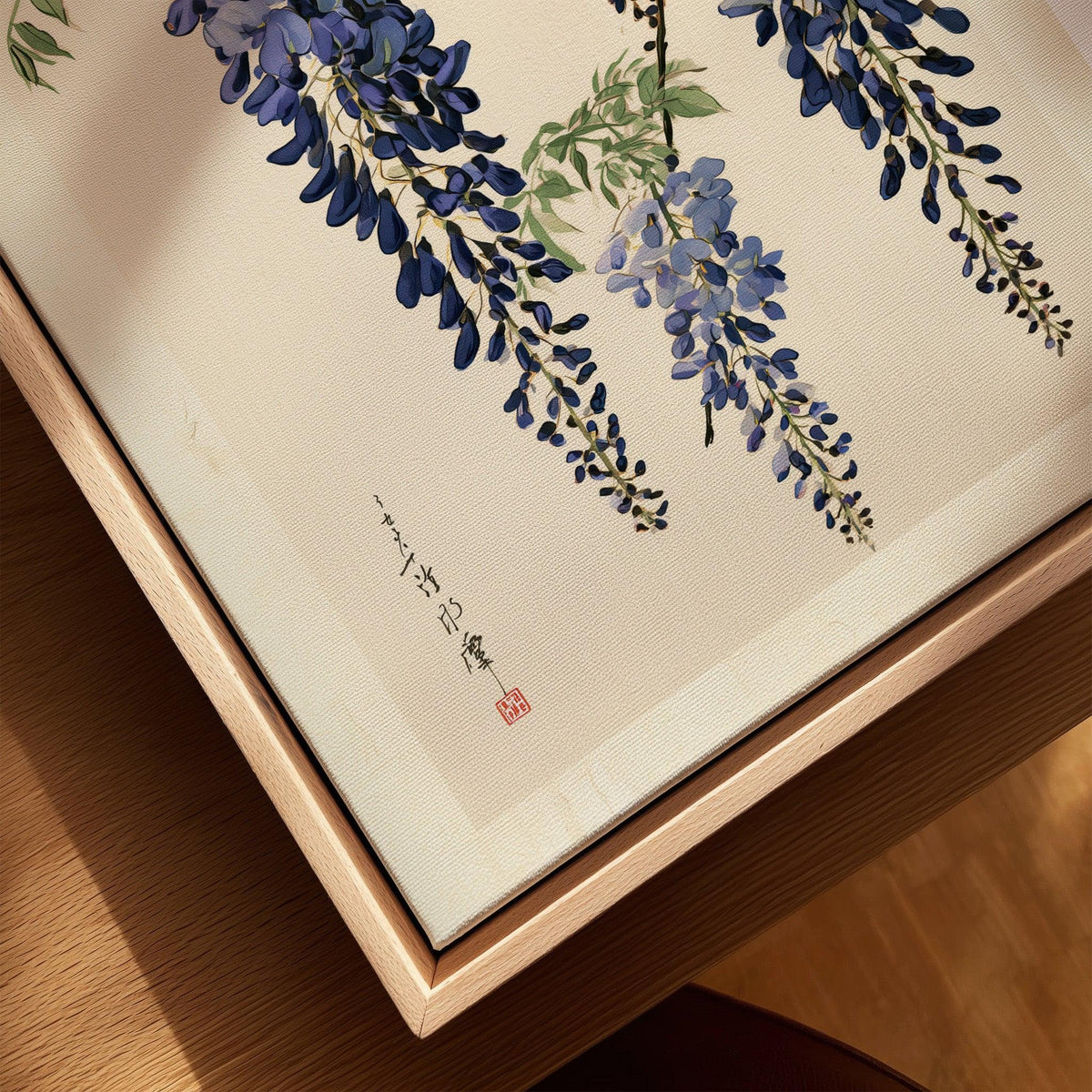 Japanese Wisteria Art Print – Blue Botanical Wall Art — closeup framed canvas natural wood floating frame