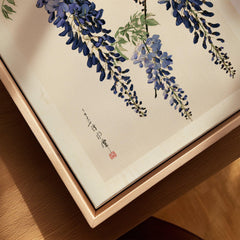 Japanese Wisteria Art Print – Blue Botanical Wall Art — closeup framed canvas natural wood floating frame