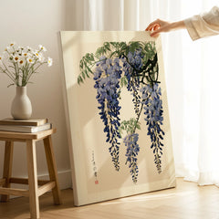 Japanese Wisteria Art Print – Blue Botanical Wall Art — canvas print mirror edge hand holding room setting