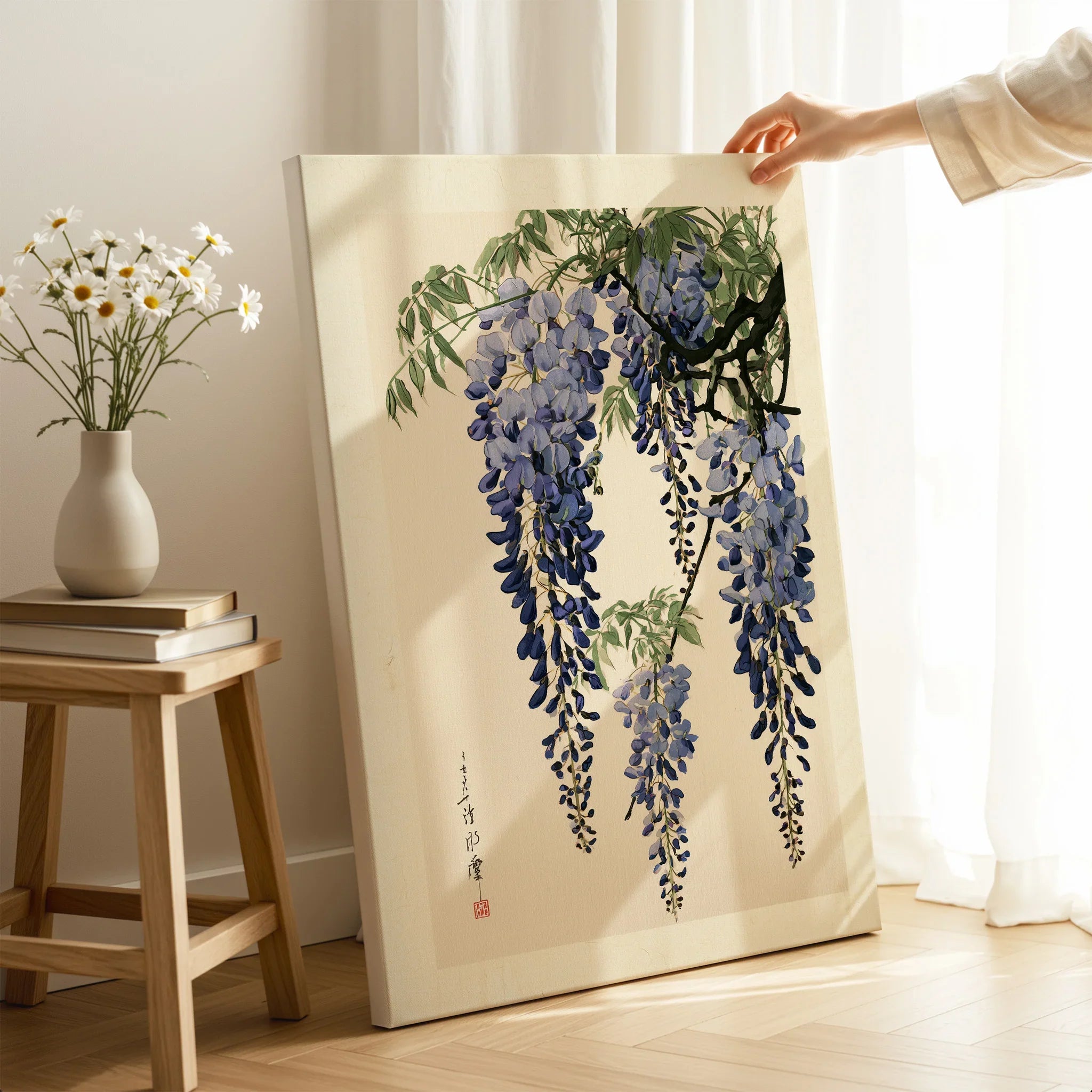 Japanese Wisteria Art Print – Blue Botanical Wall Art — canvas print mirror edge hand holding room setting