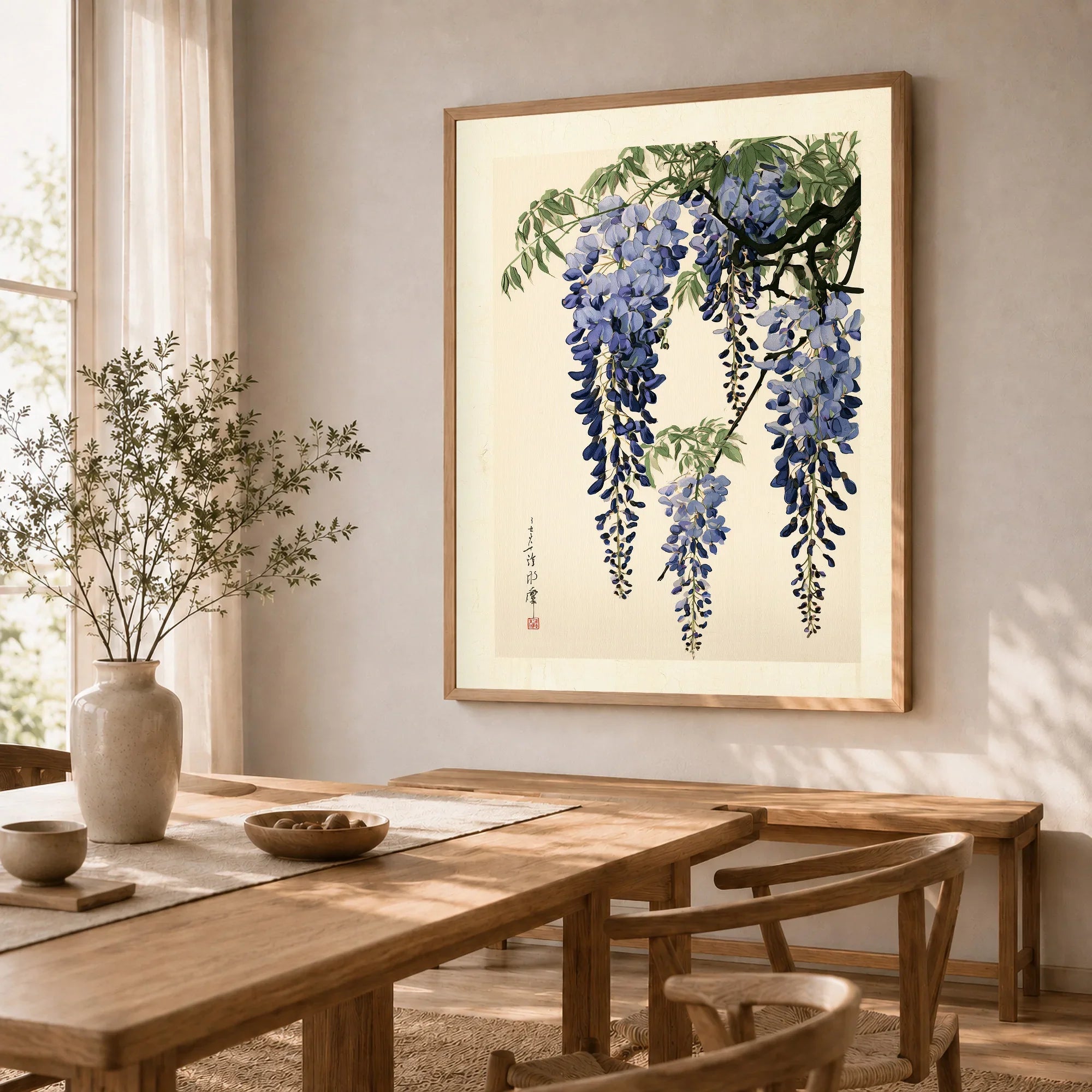 Japanese Wisteria Art Print – Blue Botanical Wall Art — dining room framed print natural wood frame