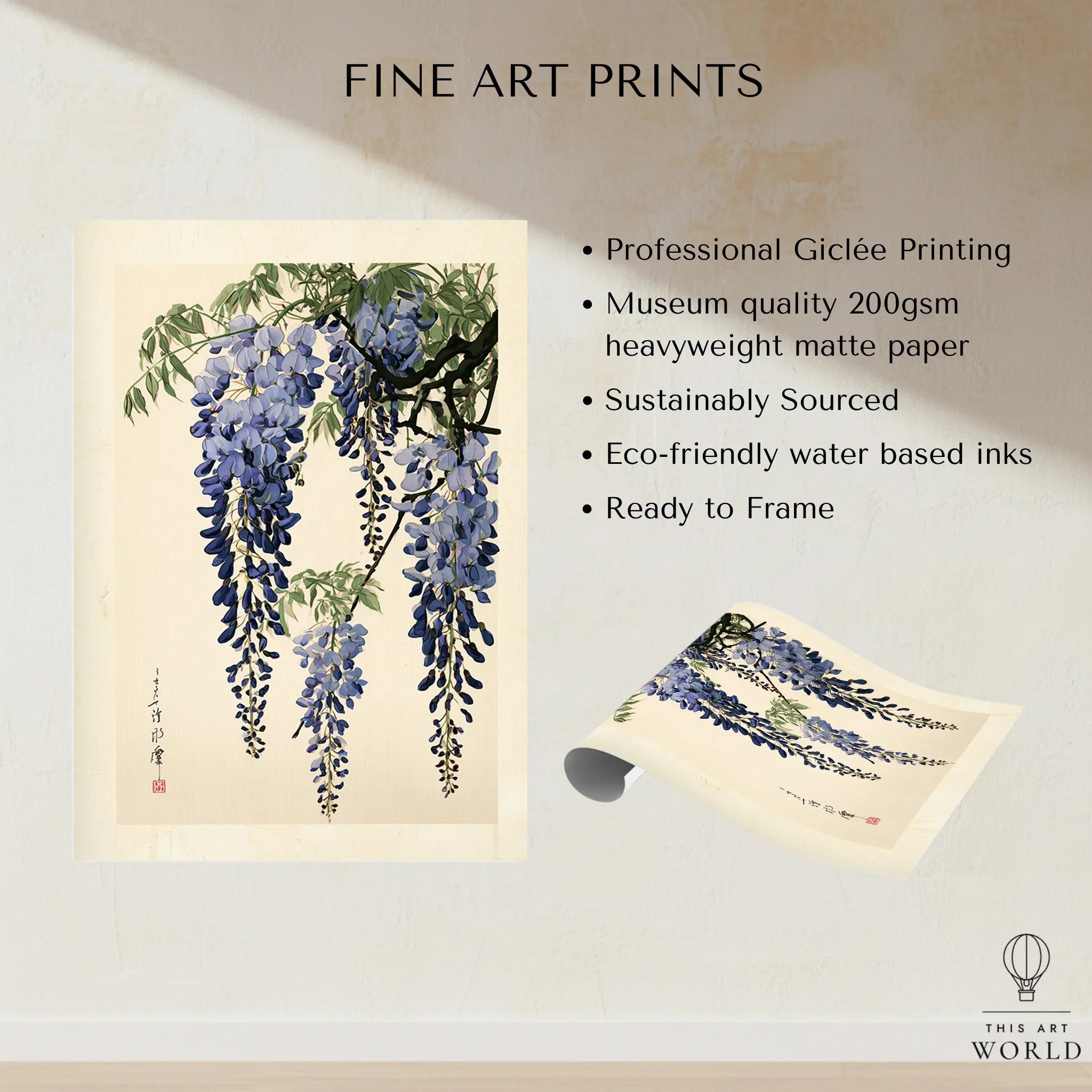 Japanese Wisteria Art Print – Blue Botanical Wall Art — fine art print unframed quality details