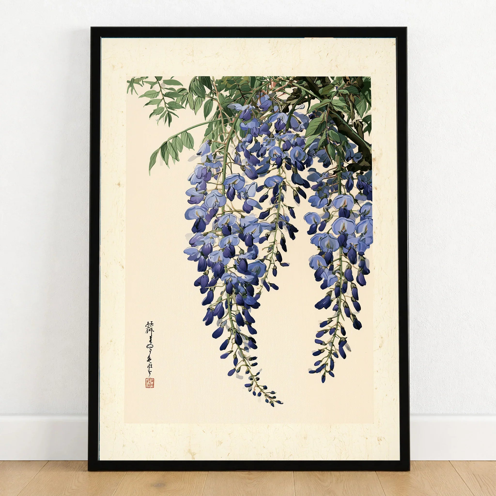 Japanese Wisteria Wall Art – Blue Vintage Flower Print — art print in black frame on wooden floor