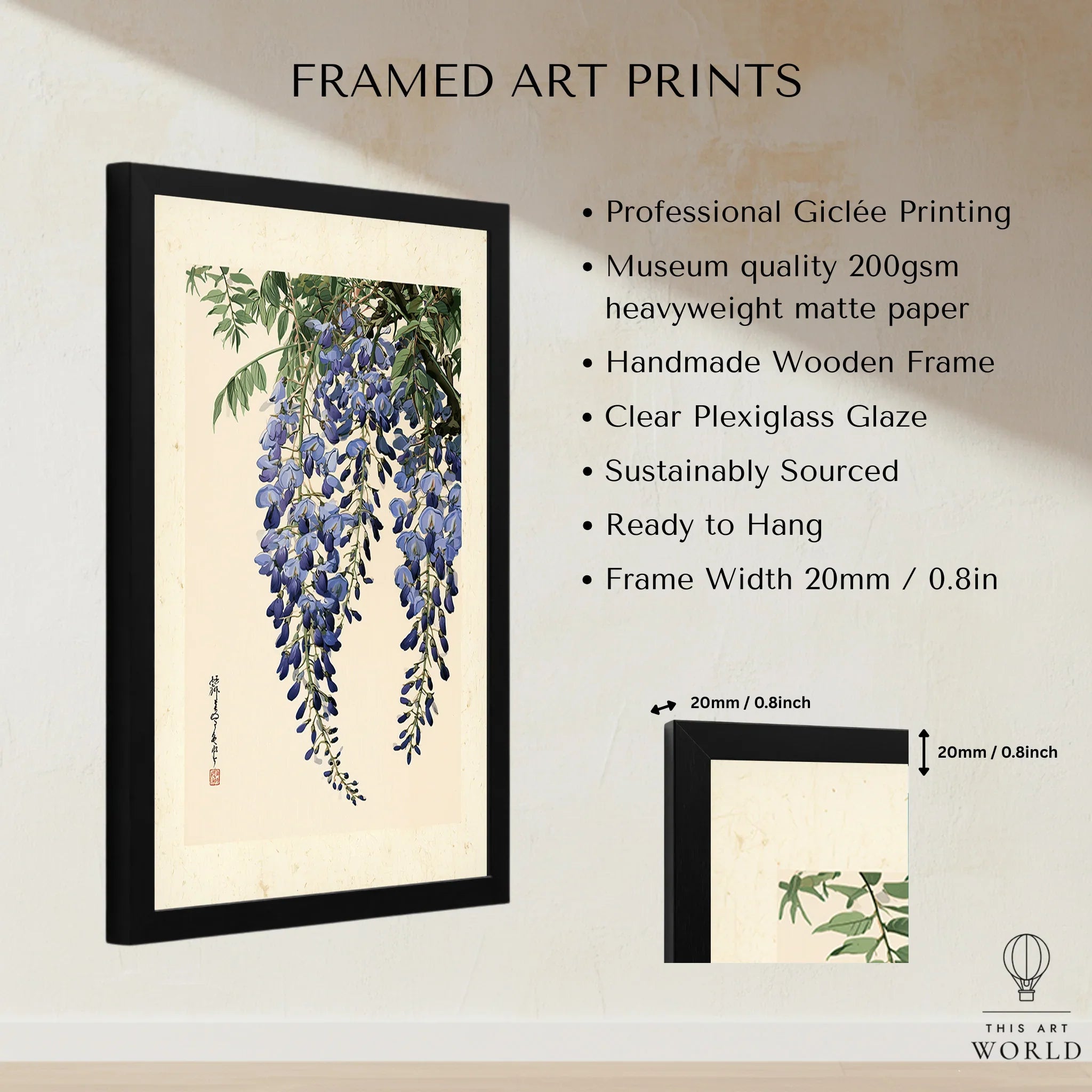 Japanese Wisteria Wall Art – Blue Vintage Flower Print — framed print details measurements quality details
