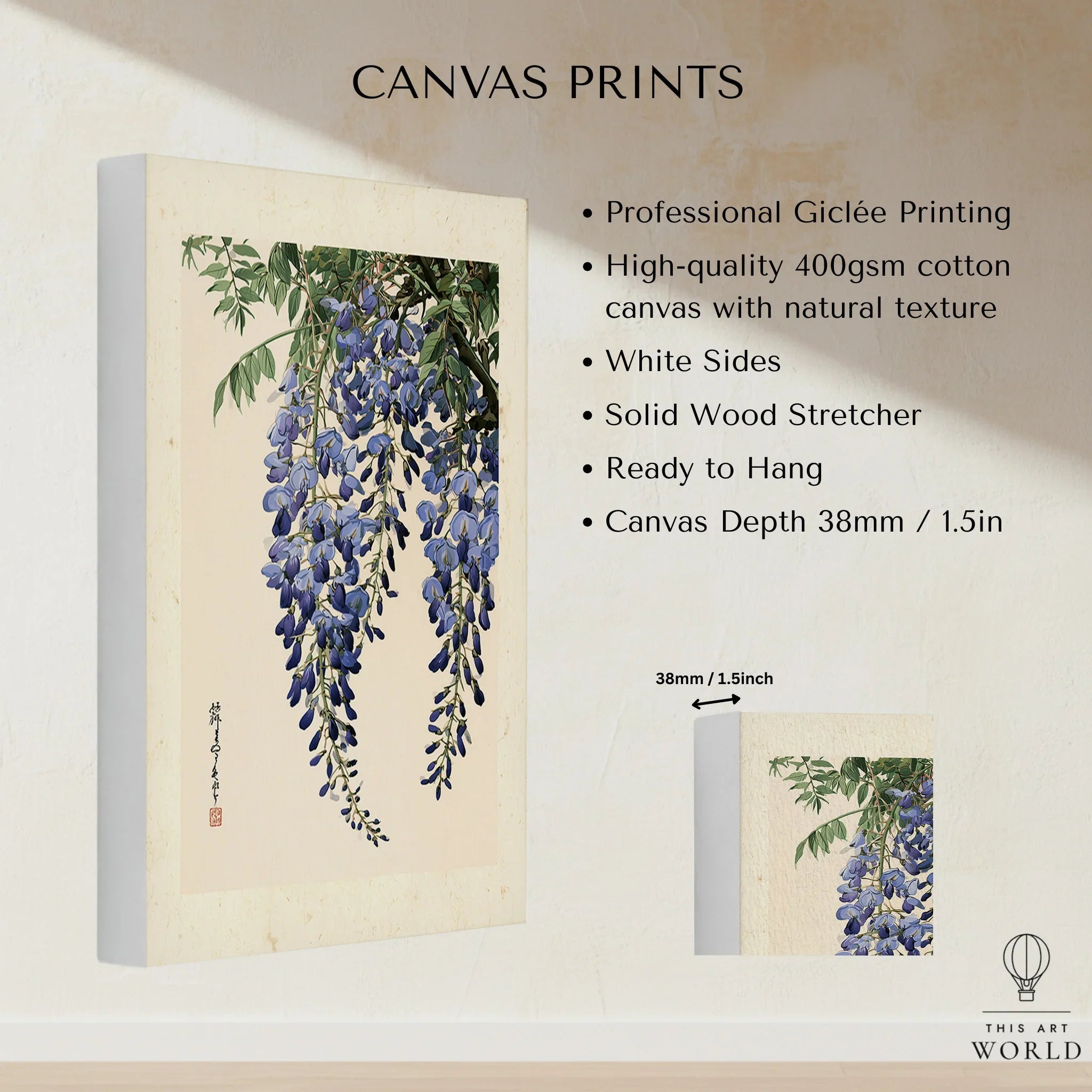 Japanese Wisteria Wall Art – Blue Vintage Flower Print — canvas print stretched cotton canvas details
