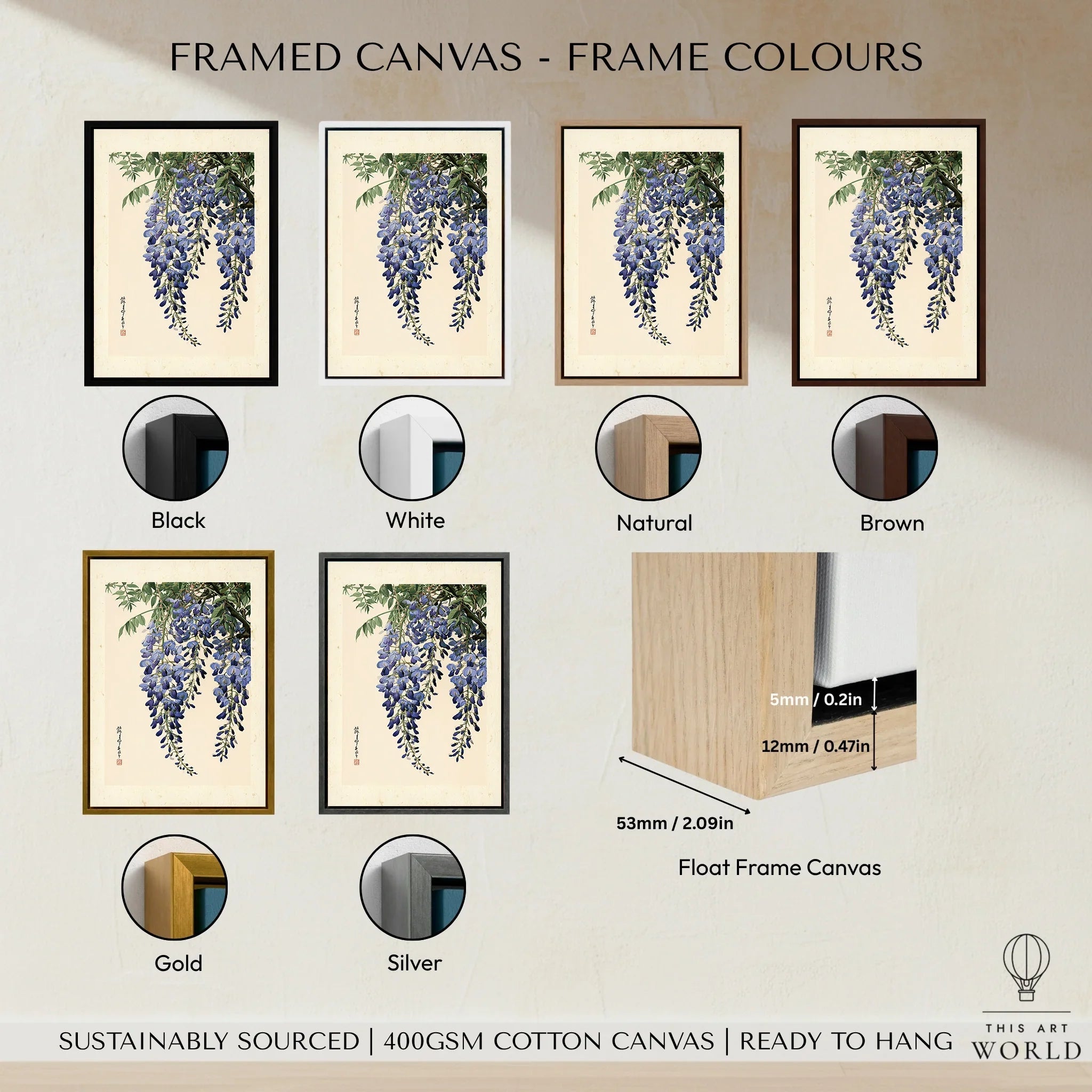 Japanese Wisteria Wall Art – Blue Vintage Flower Print — framed canvas float frame colour options