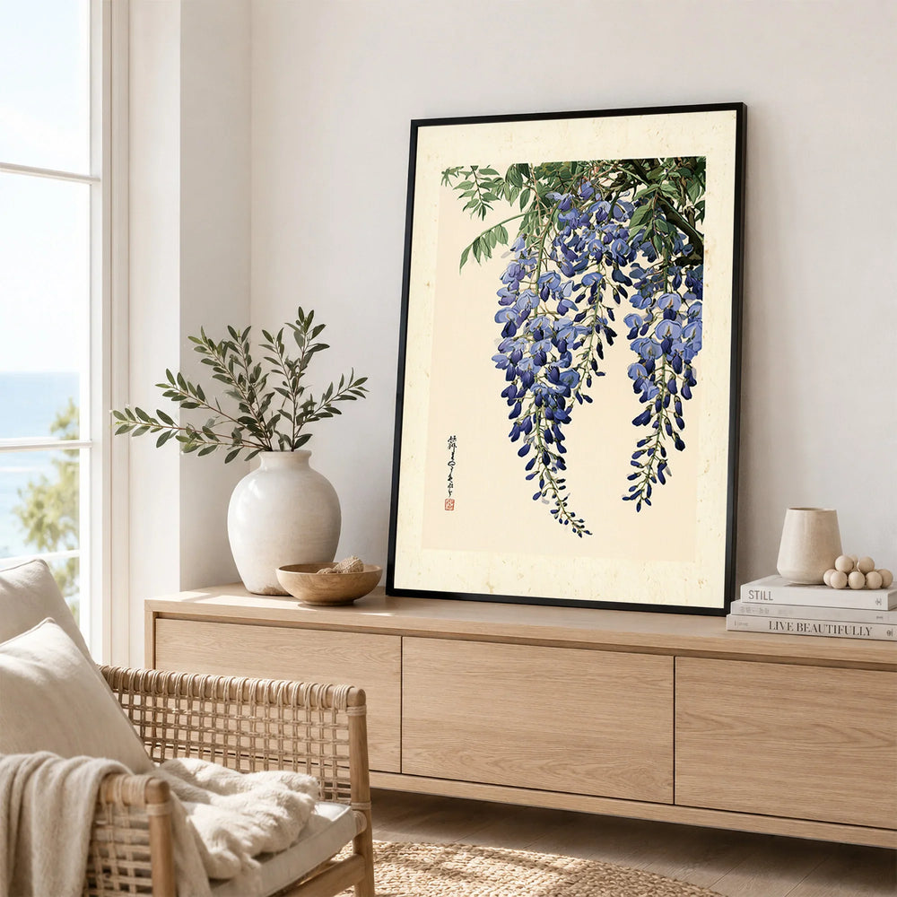 Japanese Wisteria Wall Art – Blue Vintage Flower Print — framed artwork living room lifestyle setting