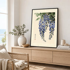 Japanese Wisteria Wall Art – Blue Vintage Flower Print — framed artwork living room lifestyle setting