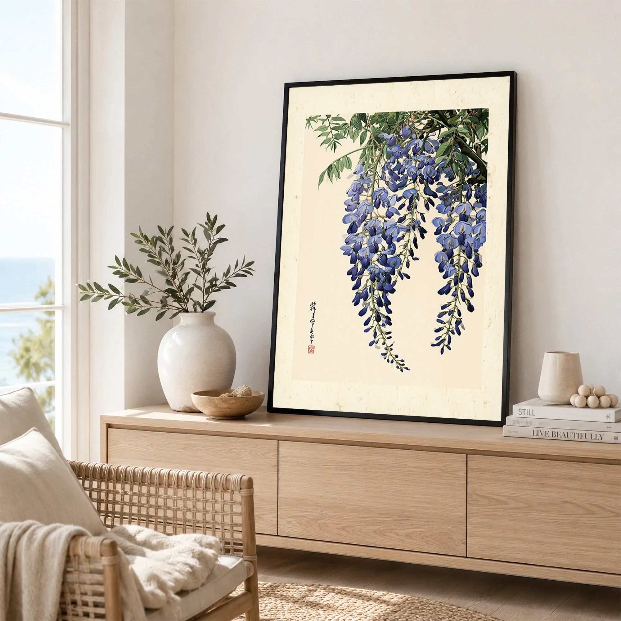 Japanese Wisteria Wall Art – Blue Vintage Flower Print — framed artwork living room lifestyle setting