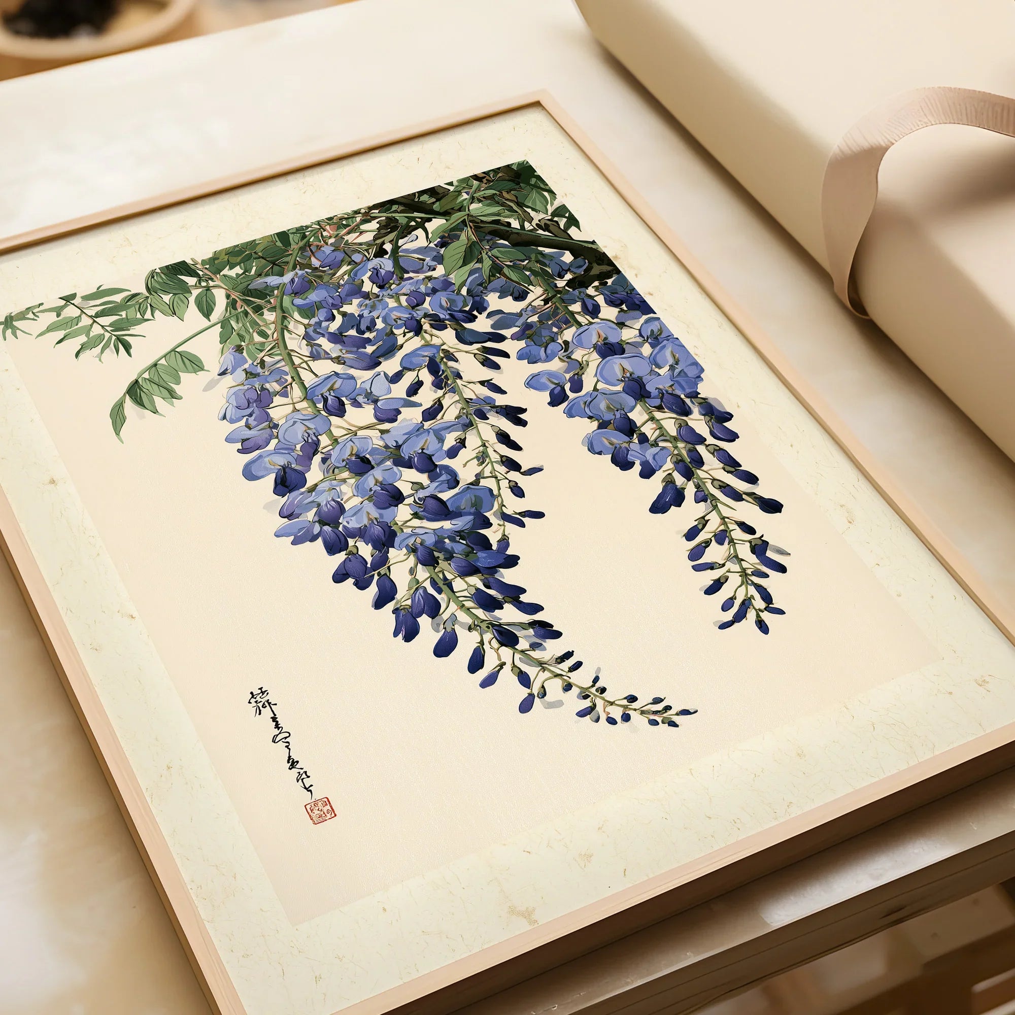 Japanese Wisteria Wall Art – Blue Vintage Flower Print — framed art print closeup gift unwrapped natural frame