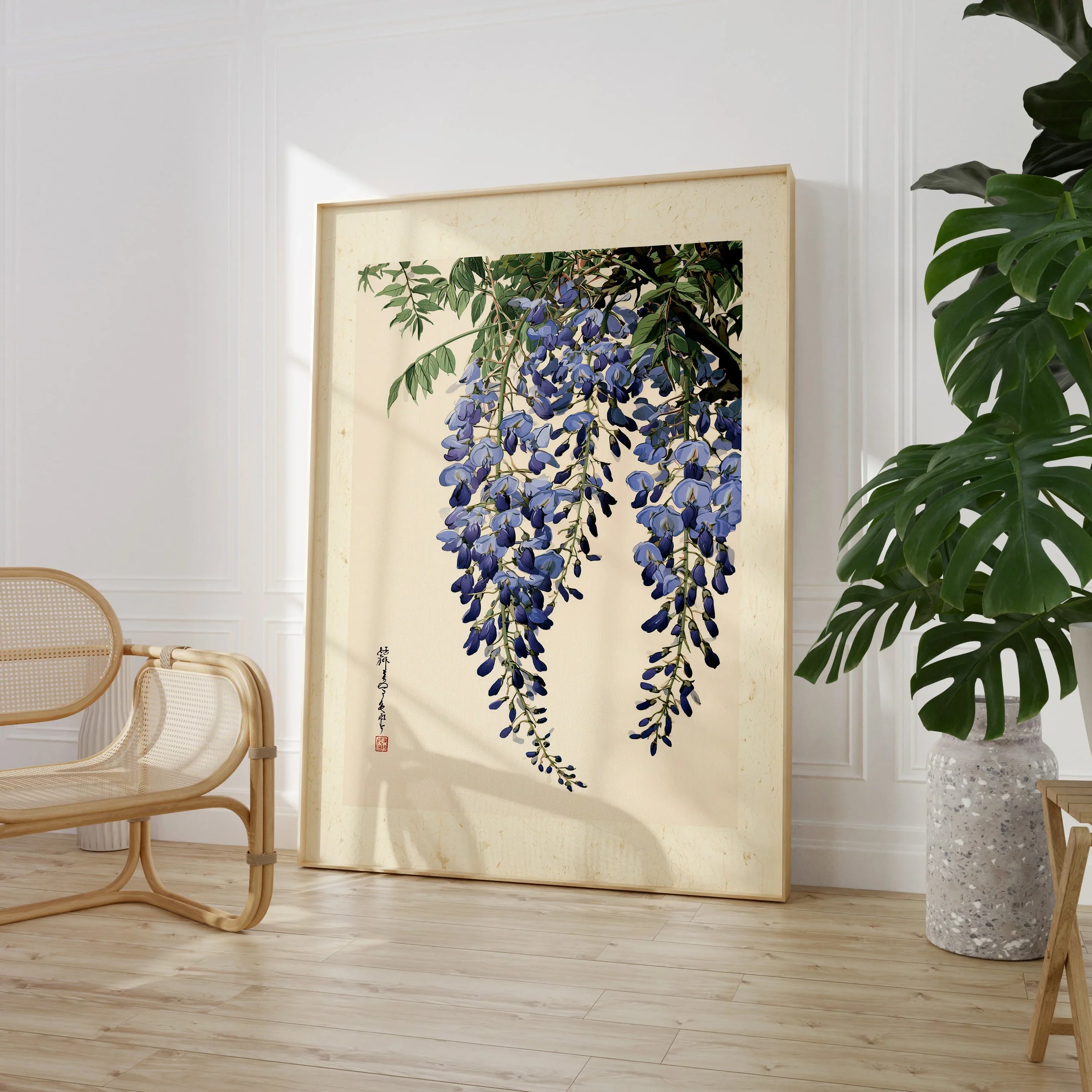 Japanese Wisteria Wall Art – Blue Vintage Flower Print — large framed print room setting chair plant