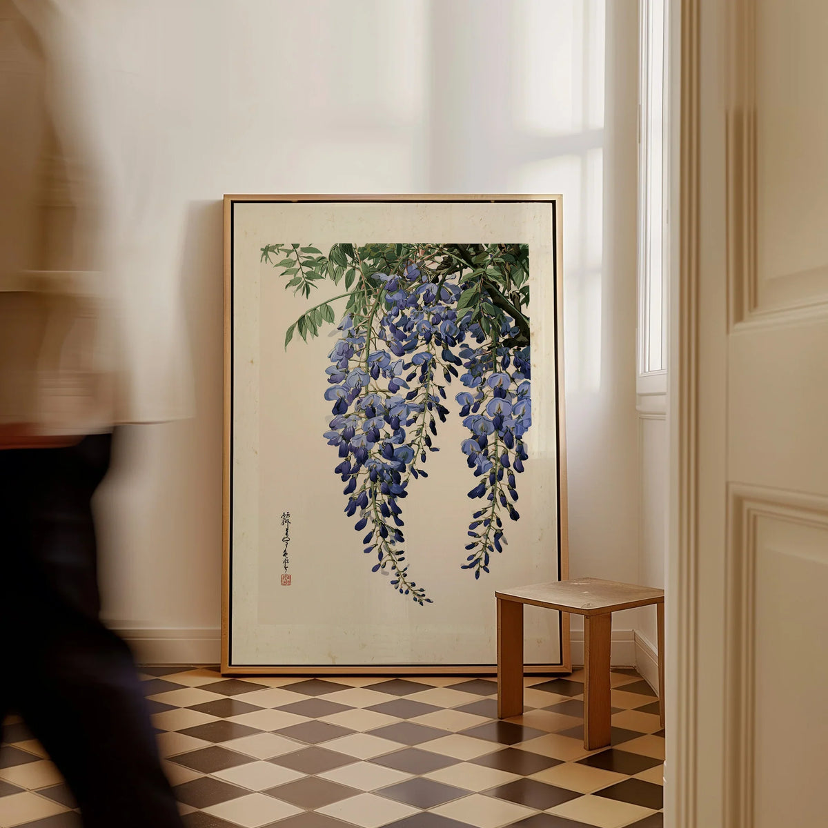 Japanese Wisteria Wall Art – Blue Vintage Flower Print — framed canvas on floor man walking past