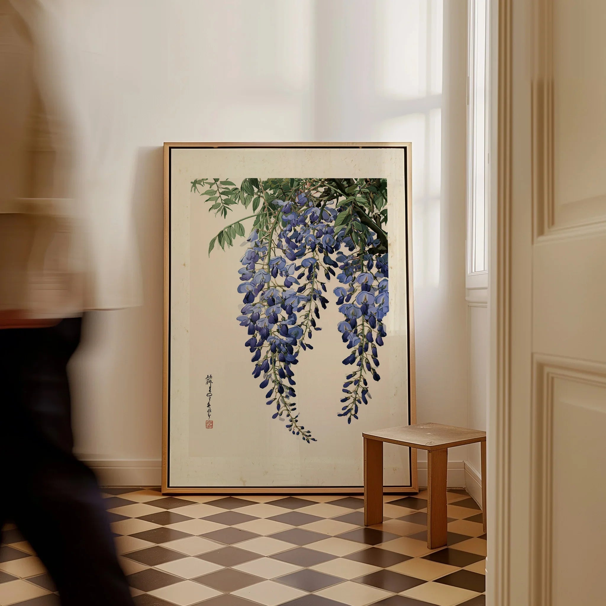 Japanese Wisteria Wall Art – Blue Vintage Flower Print — framed canvas on floor man walking past