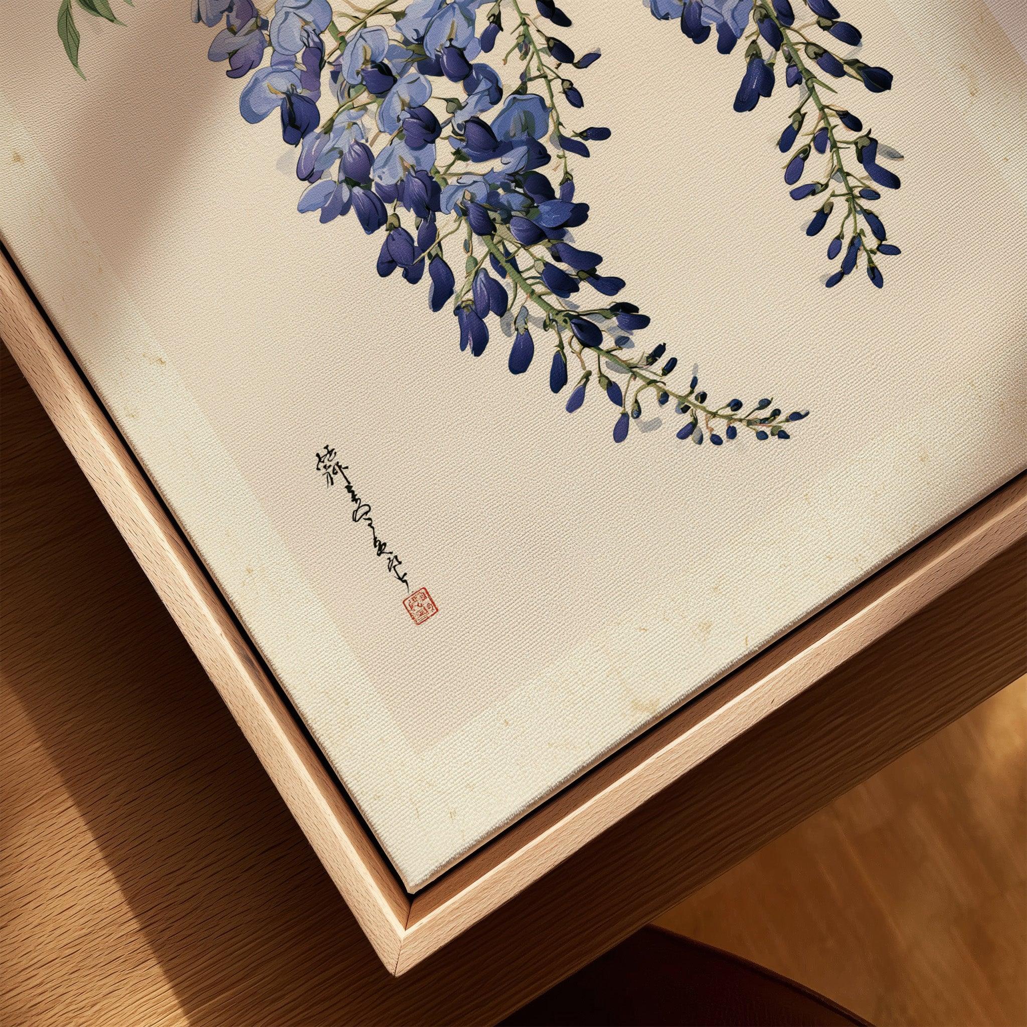 Japanese Wisteria Wall Art – Blue Vintage Flower Print — closeup framed canvas natural wood floating frame