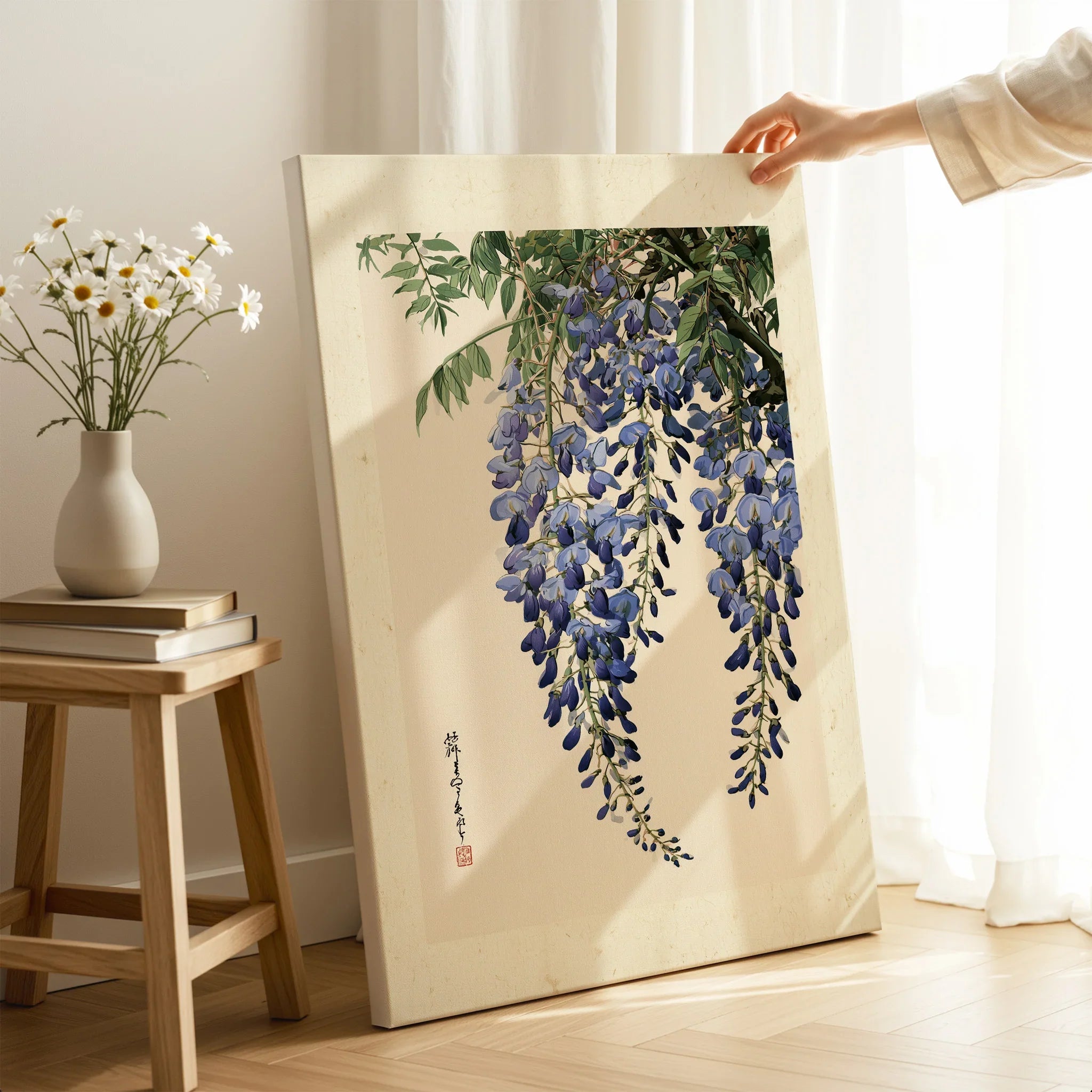 Japanese Wisteria Wall Art – Blue Vintage Flower Print — canvas print mirror edge hand holding room setting