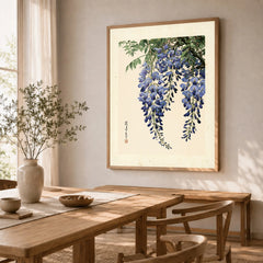Japanese Wisteria Wall Art – Blue Vintage Flower Print — dining room framed print natural wood frame