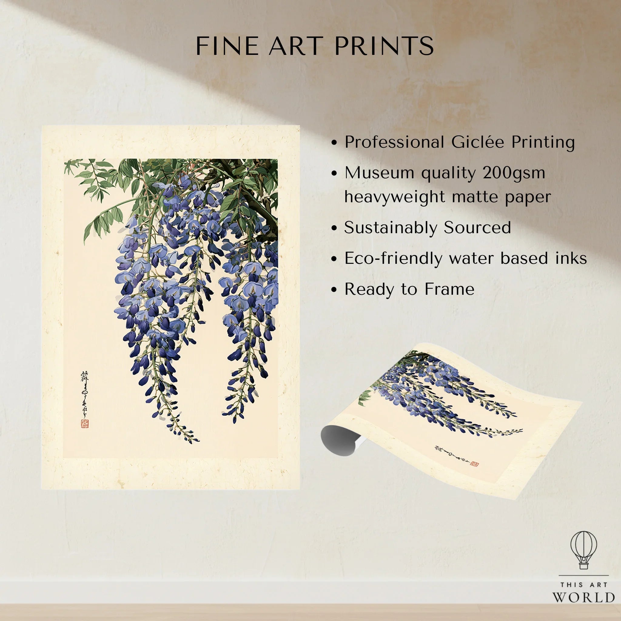 Japanese Wisteria Wall Art – Blue Vintage Flower Print — fine art print unframed quality details