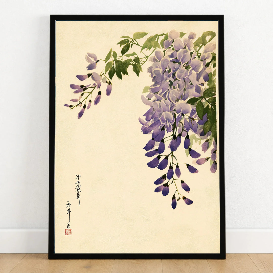 Japanese Wisteria Art Print – Purple Floral Wall Art — art print in black frame on wooden floor