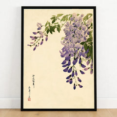 Japanese Wisteria Art Print – Purple Floral Wall Art — art print in black frame on wooden floor