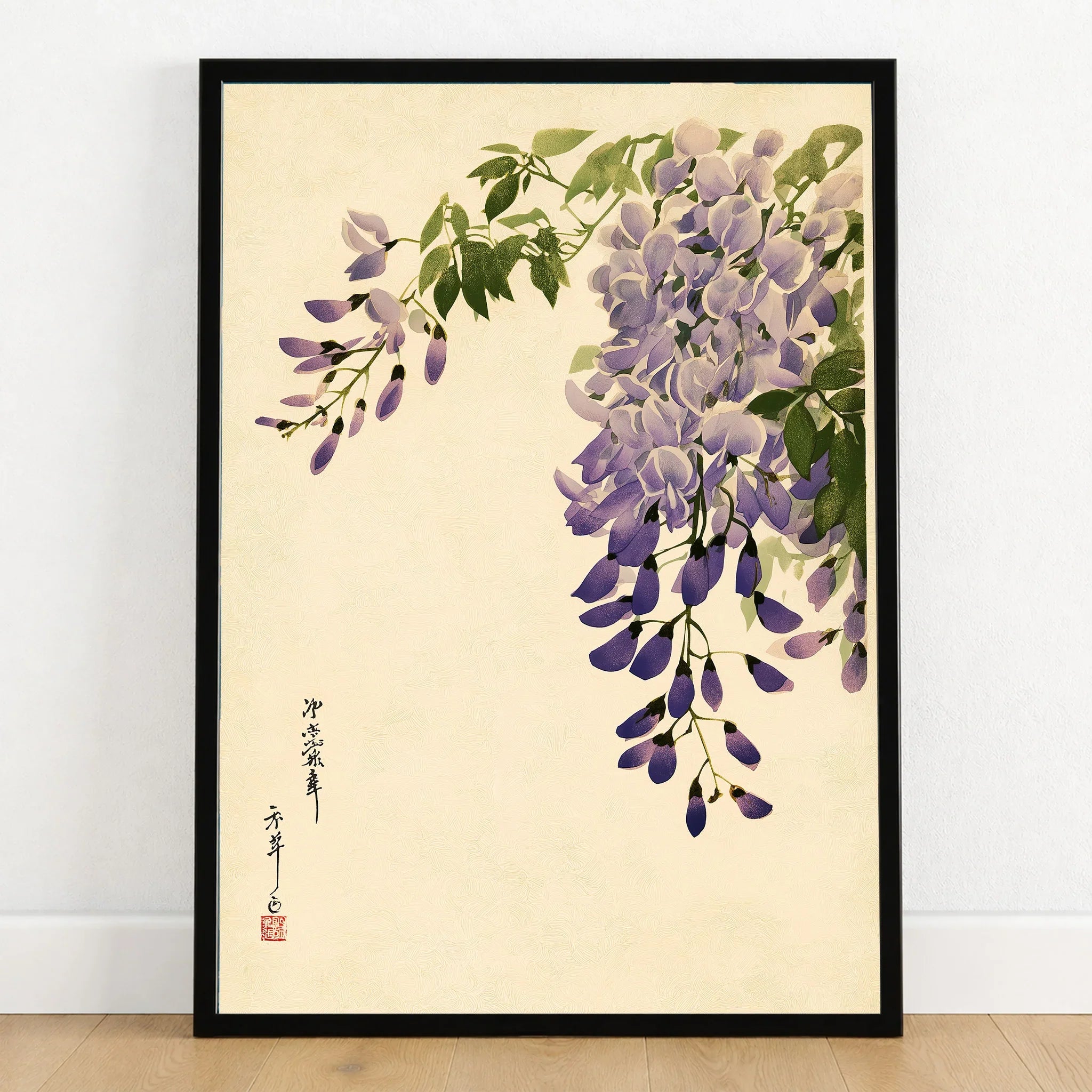 Japanese Wisteria Art Print – Purple Floral Wall Art — art print in black frame on wooden floor