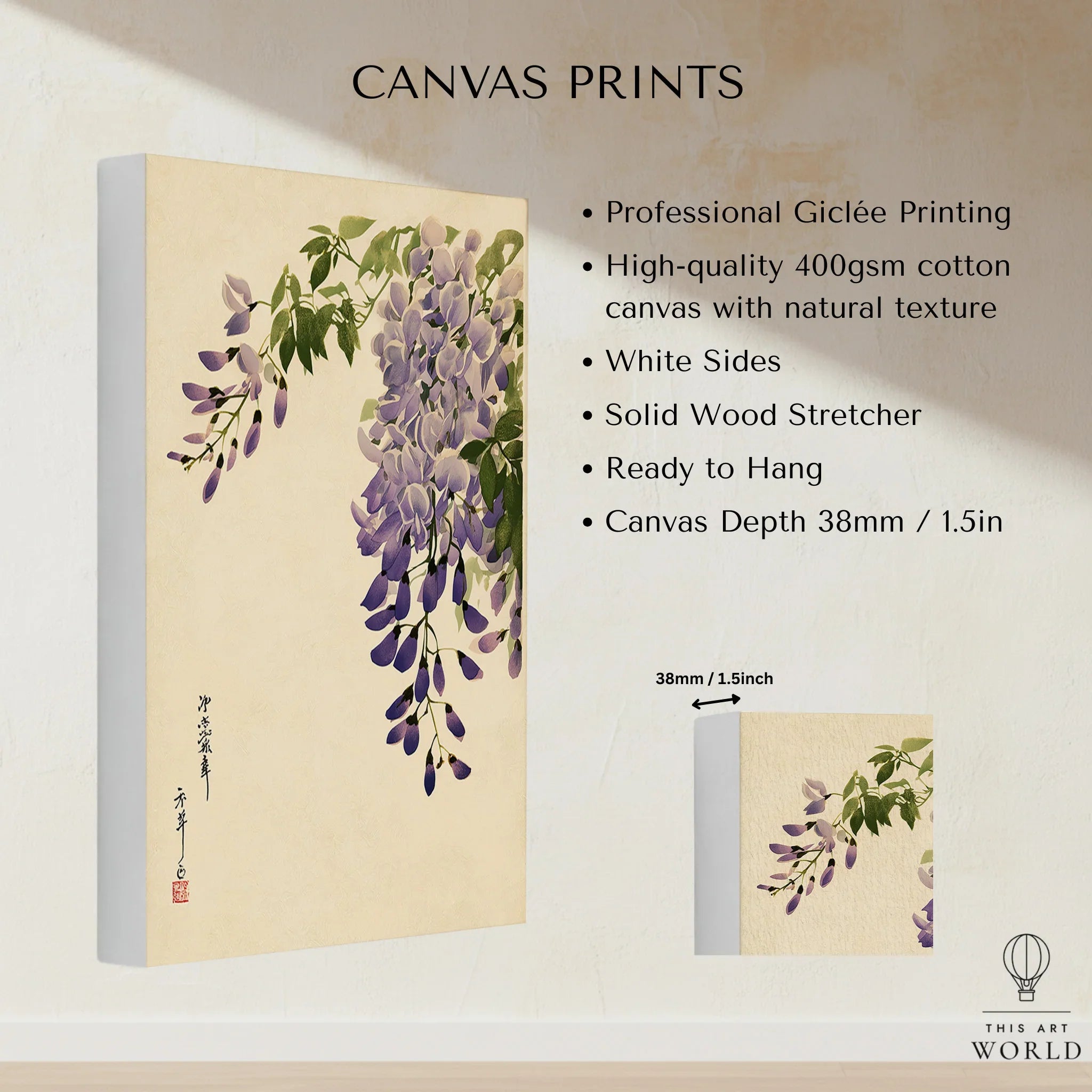 Japanese Wisteria Art Print – Purple Floral Wall Art — canvas print stretched cotton canvas details