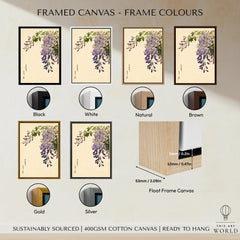 Japanese Wisteria Art Print – Purple Floral Wall Art — framed canvas float frame colour options