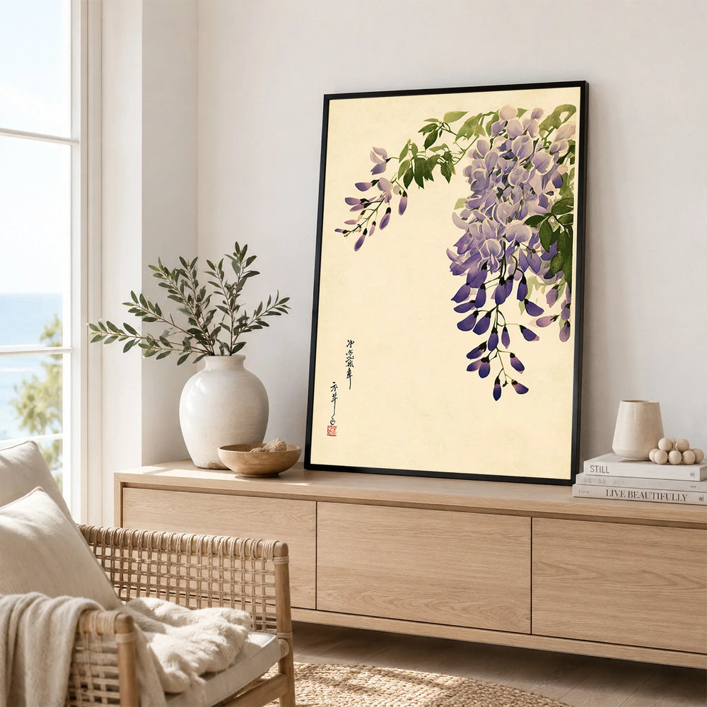 Japanese Wisteria Art Print – Purple Floral Wall Art — framed artwork living room lifestyle setting