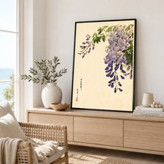 Japanese Wisteria Art Print – Purple Floral Wall Art — framed artwork living room lifestyle setting