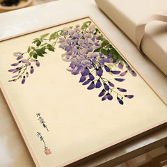 Japanese Wisteria Art Print – Purple Floral Wall Art — framed art print closeup gift unwrapped natural frame