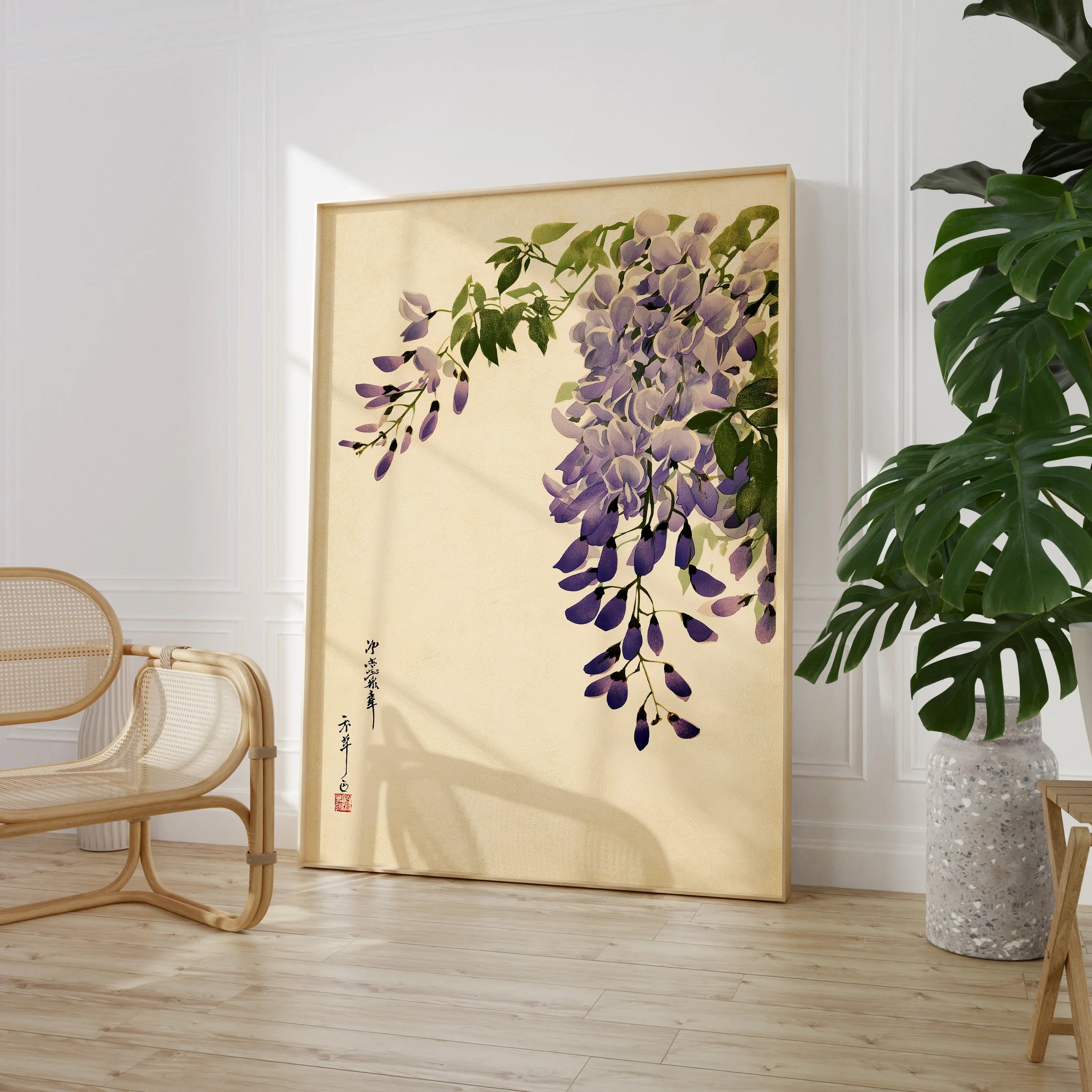 Japanese Wisteria Art Print – Purple Floral Wall Art — large framed print room setting chair plant
