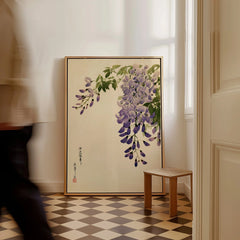 Japanese Wisteria Art Print – Purple Floral Wall Art — framed canvas on floor man walking past