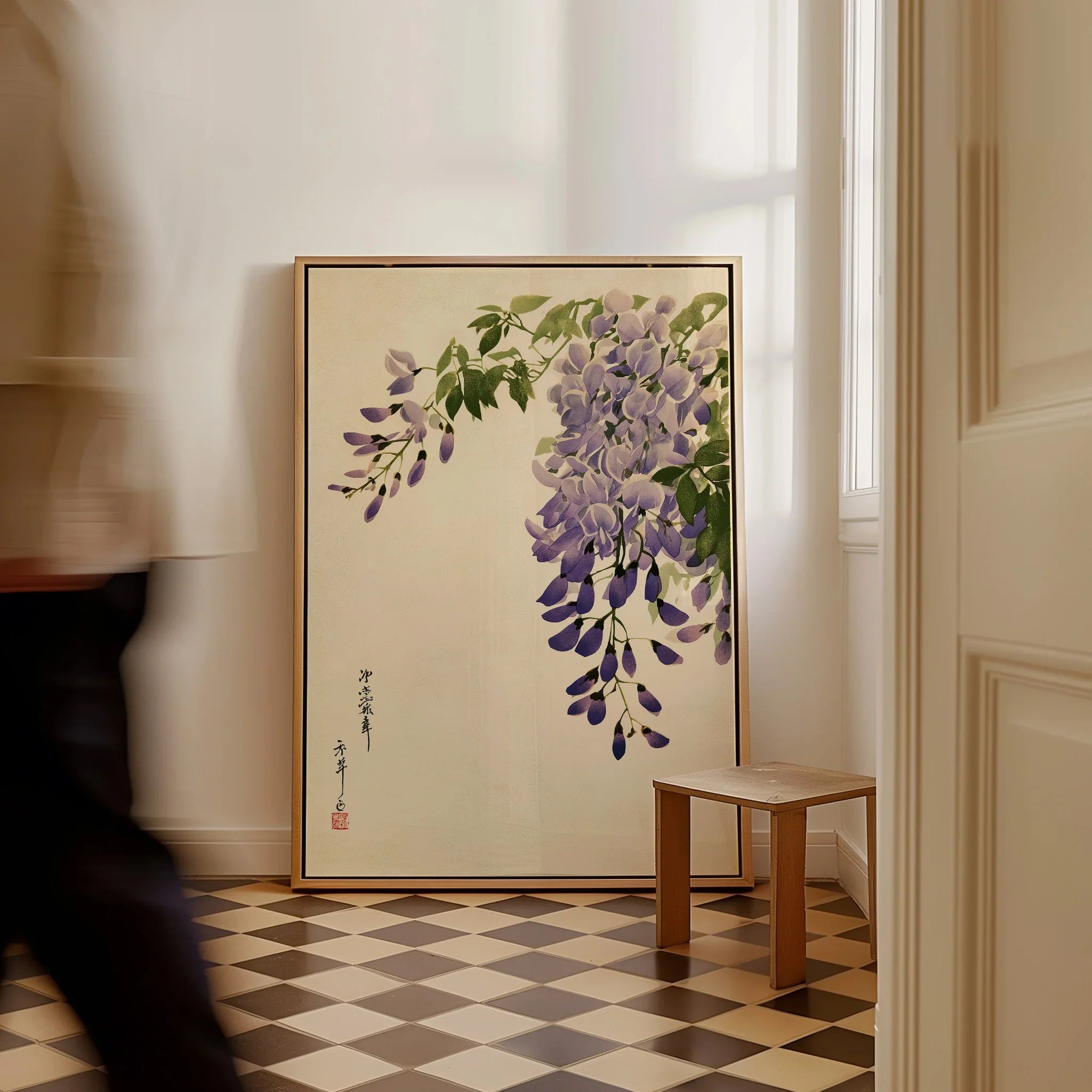 Japanese Wisteria Art Print – Purple Floral Wall Art — framed canvas on floor man walking past