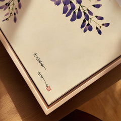 Japanese Wisteria Art Print – Purple Floral Wall Art — closeup framed canvas natural wood floating frame