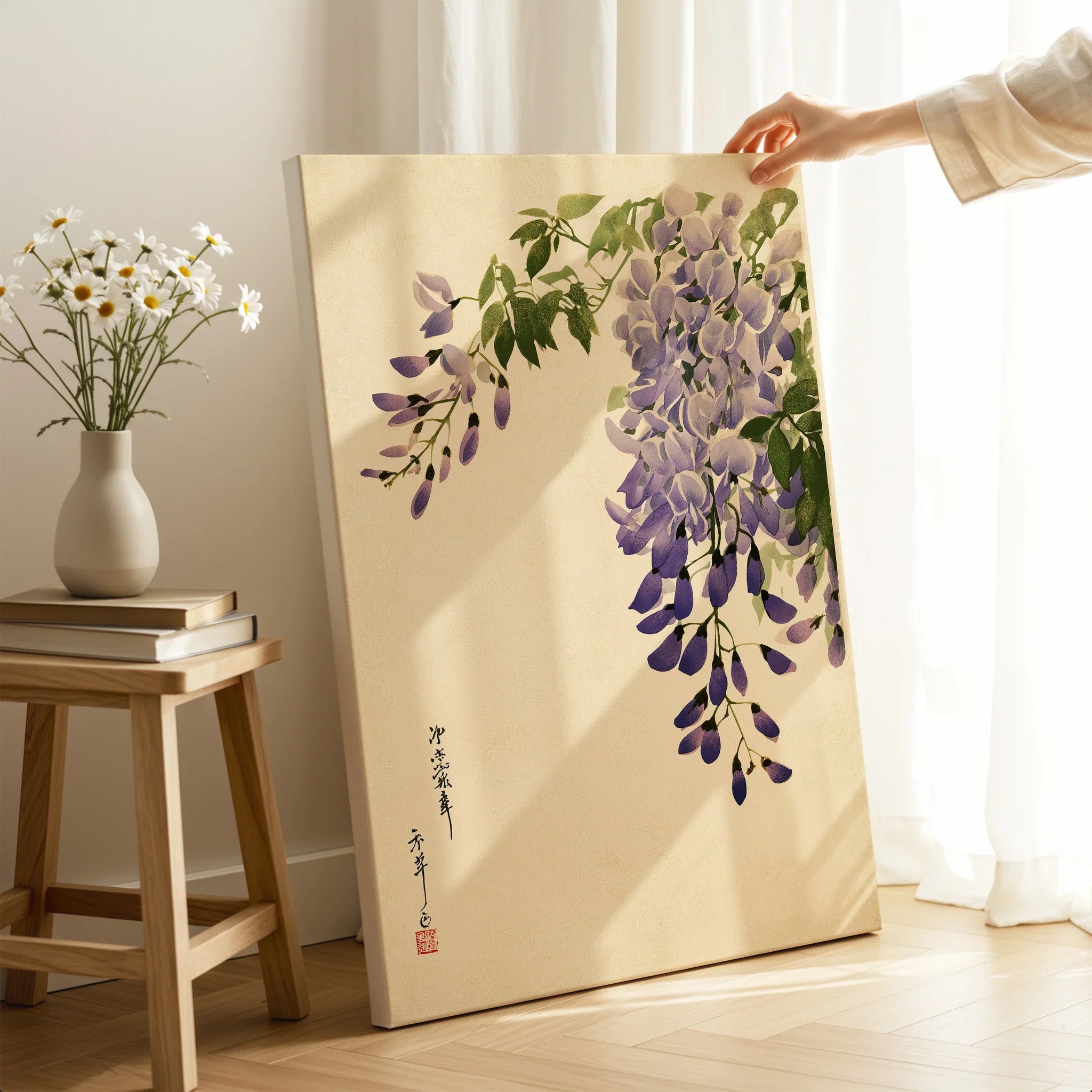 Japanese Wisteria Art Print – Purple Floral Wall Art — canvas print mirror edge hand holding room setting