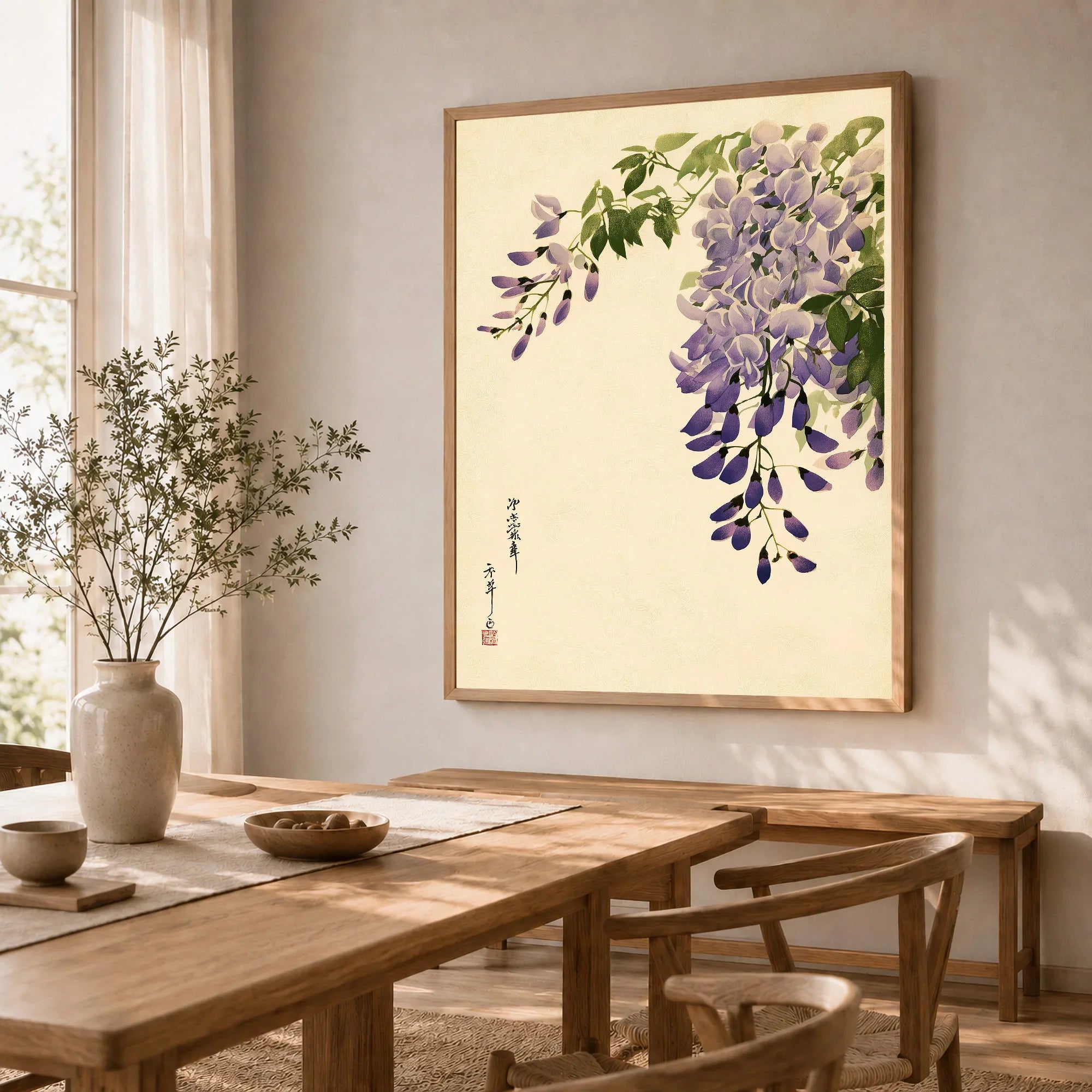 Japanese Wisteria Art Print – Purple Floral Wall Art — dining room framed print natural wood frame