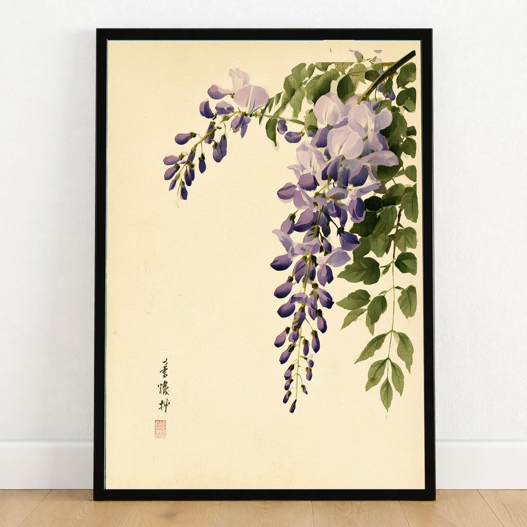 Japanese Wisteria Wall Art – Vintage Botanical Art Print — art print in black frame on wooden floor