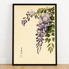 Japanese Wisteria Wall Art – Vintage Botanical Art Print — art print in black frame on wooden floor