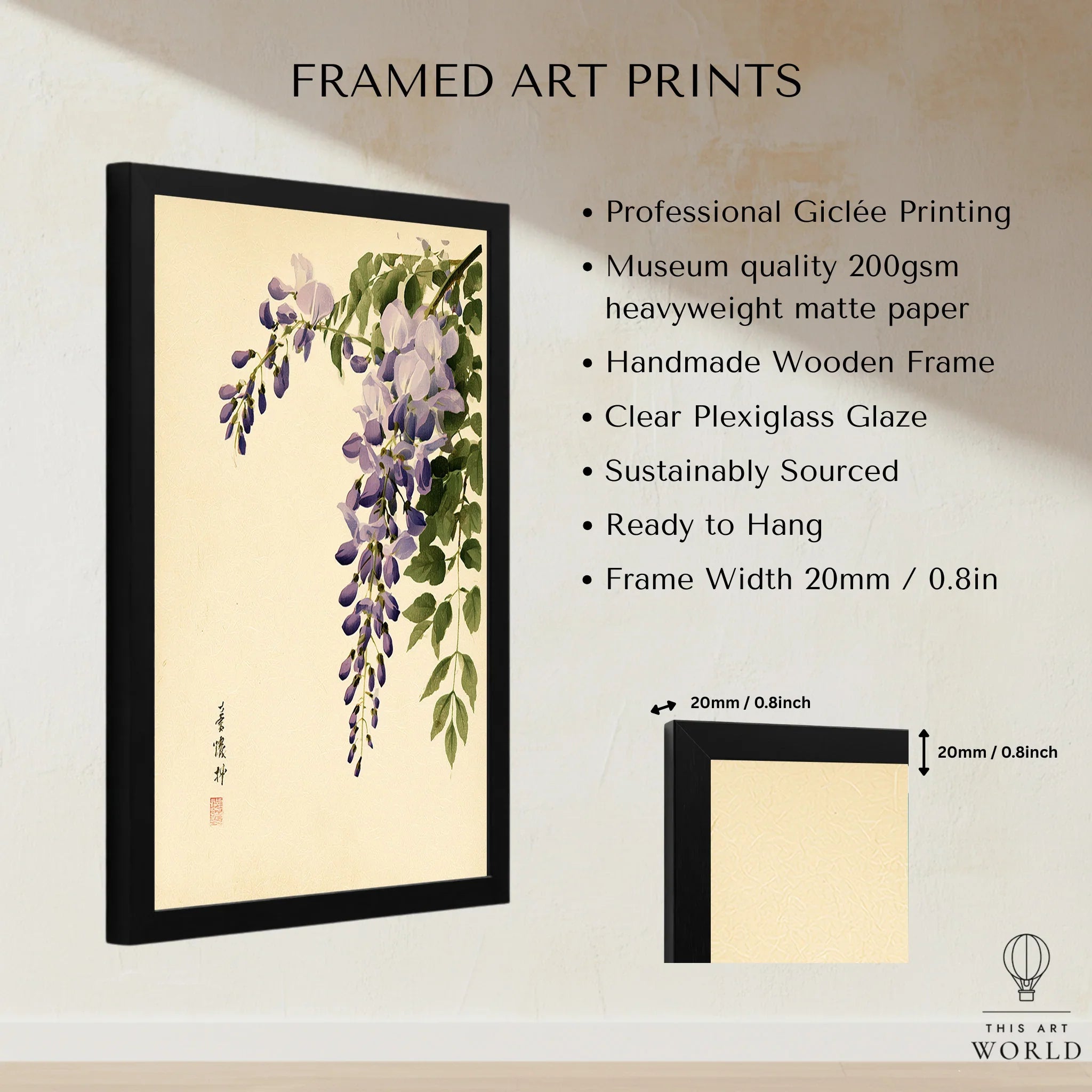 Japanese Wisteria Wall Art – Vintage Botanical Art Print — framed print details measurements quality details