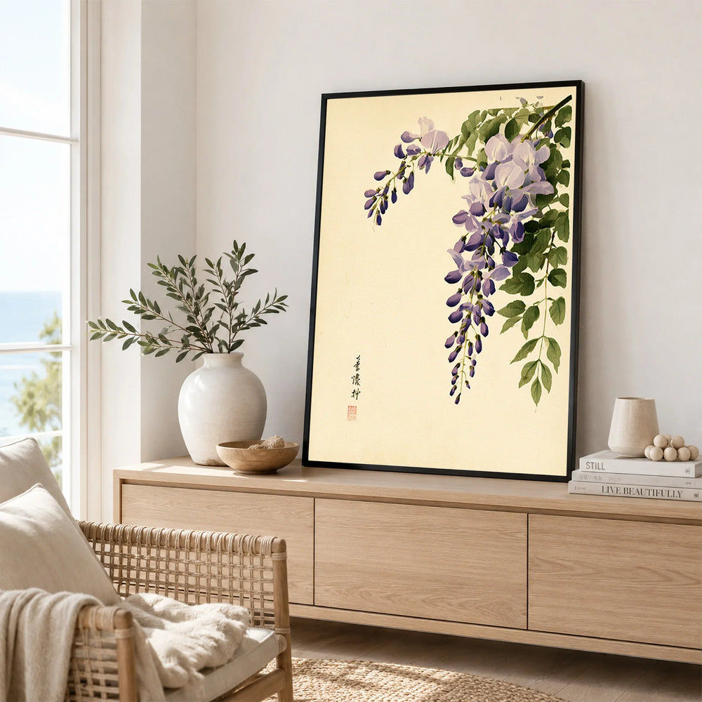Japanese Wisteria Wall Art – Vintage Botanical Art Print — framed artwork living room lifestyle setting