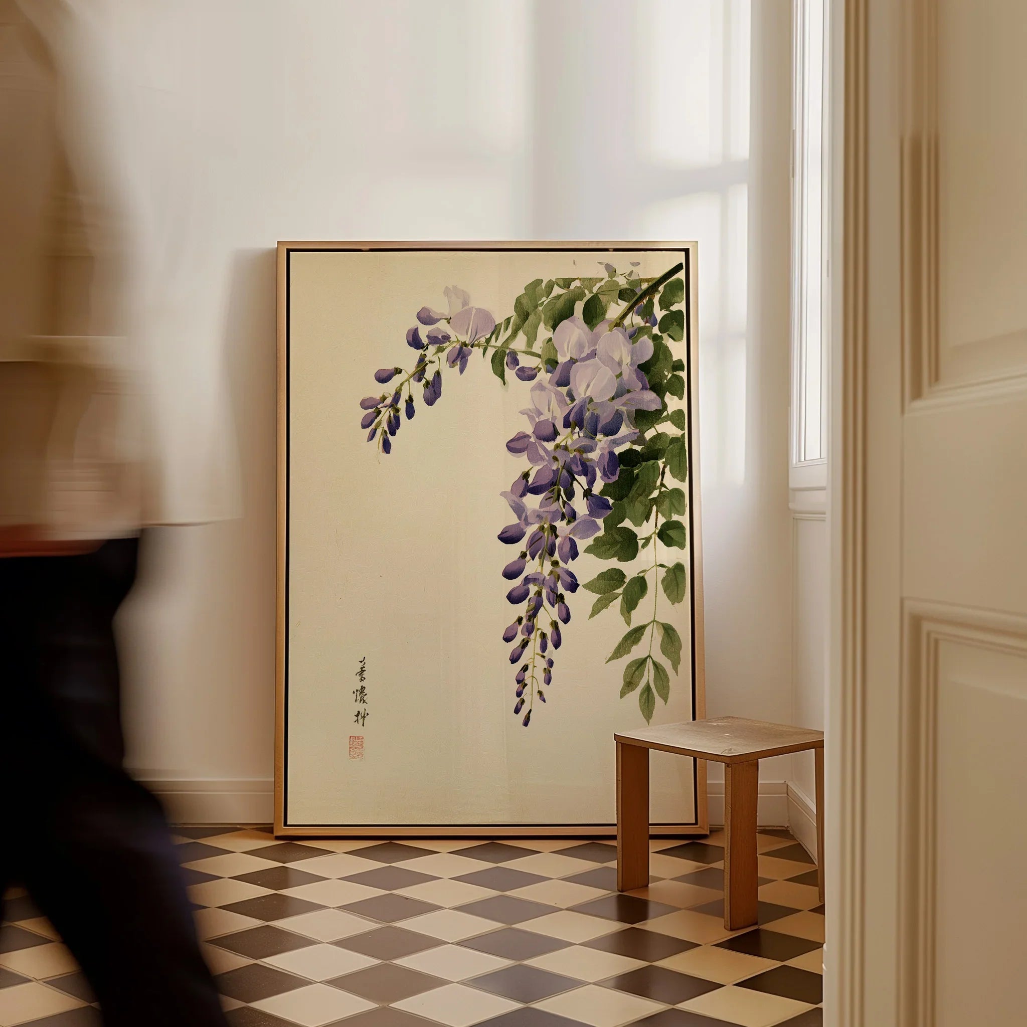 Japanese Wisteria Wall Art – Vintage Botanical Art Print — framed canvas on floor man walking past